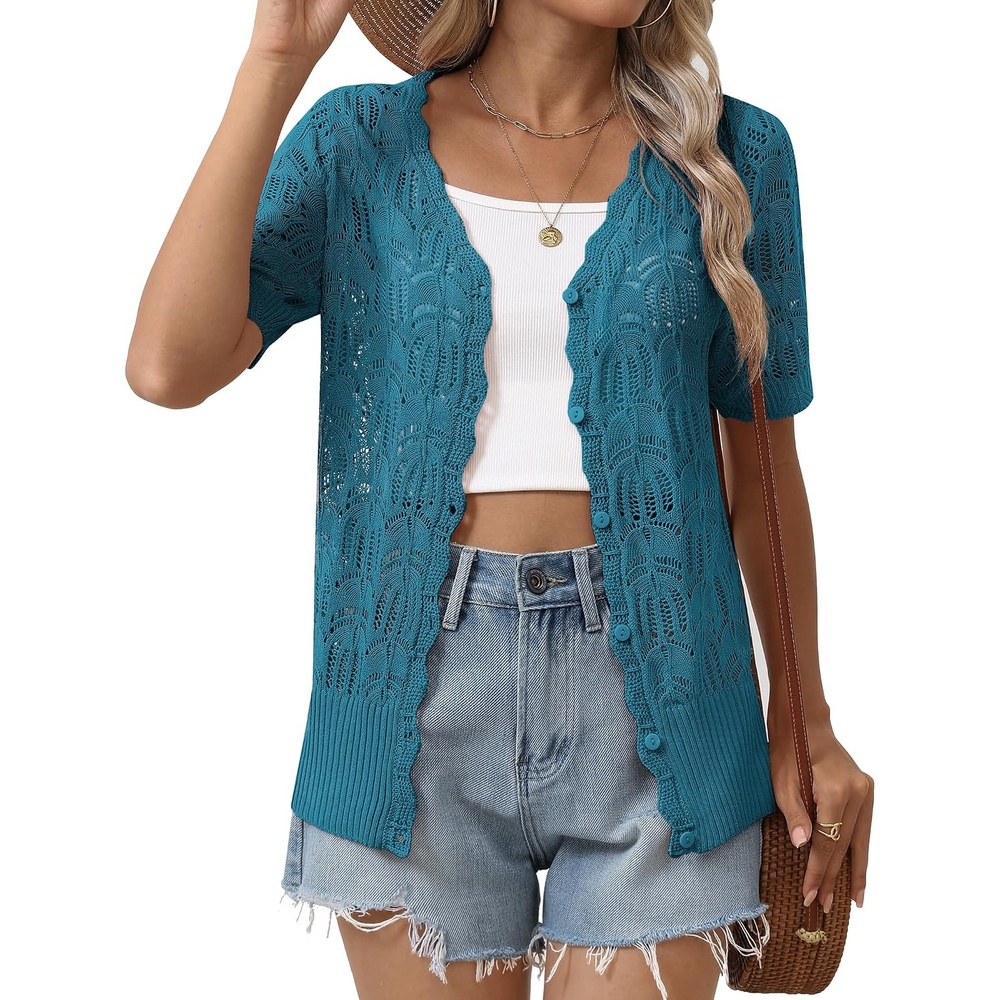 image:imageZeagoo Womens Short Sleeve Summer Cardigan Crochet Button up Shrug SweaterNavy