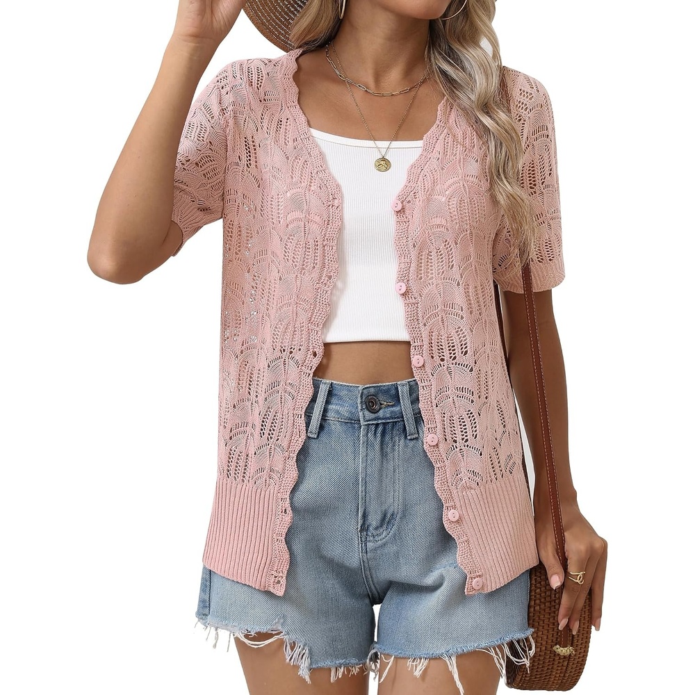 image:imageZeagoo Womens Short Sleeve Summer Cardigan Crochet Button up Shrug SweaterPink