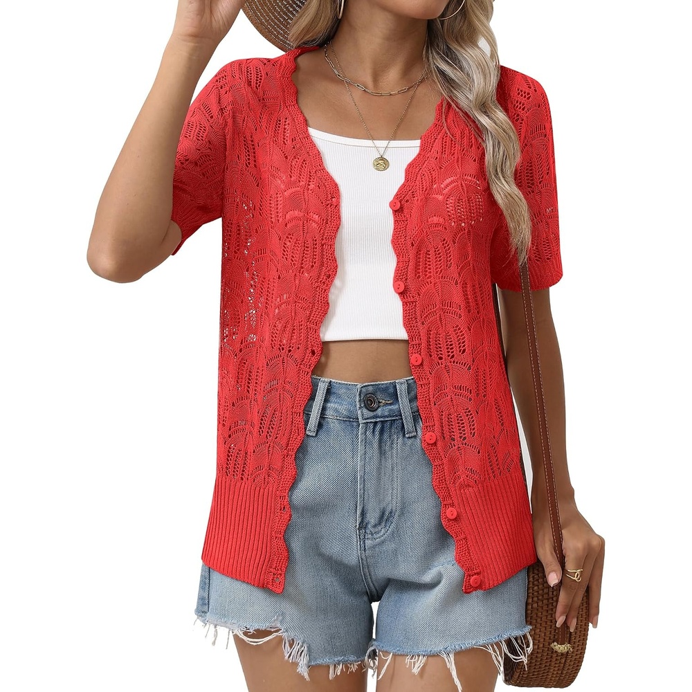 image:imageZeagoo Womens Short Sleeve Summer Cardigan Crochet Button up Shrug SweaterRed