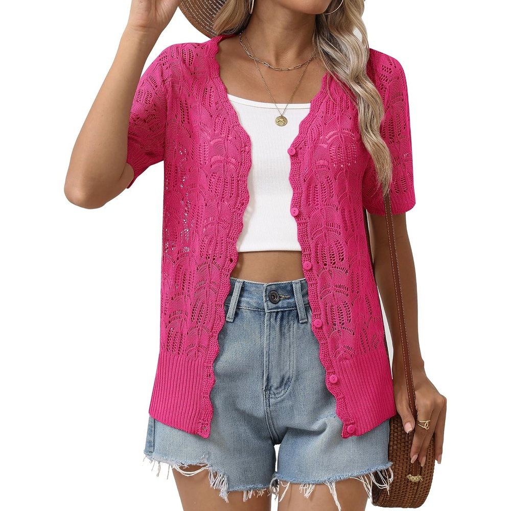 image:imageZeagoo Womens Short Sleeve Summer Cardigan Crochet Button up Shrug SweaterRose Red