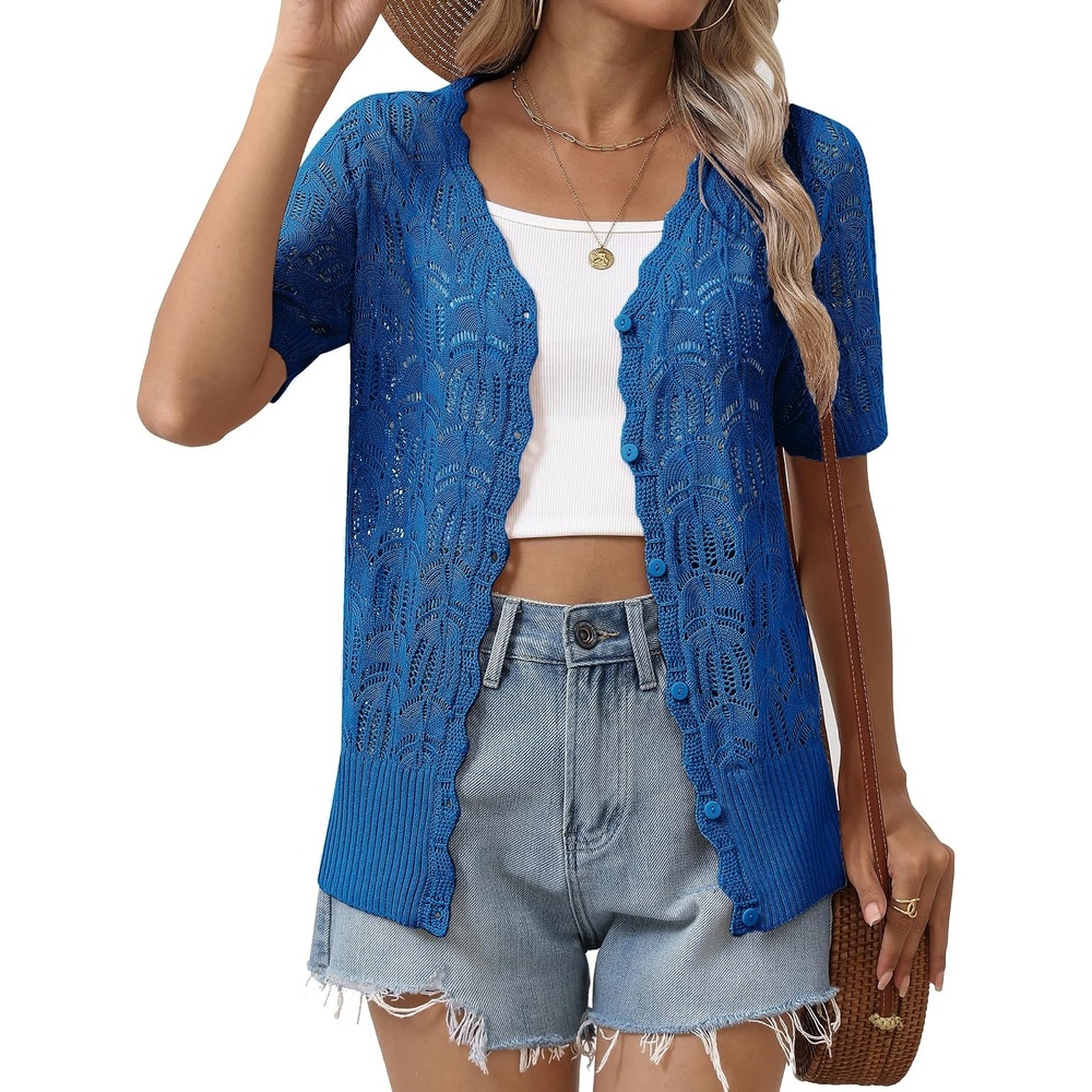 image:imageZeagoo Womens Short Sleeve Summer Cardigan Crochet Button up Shrug SweaterRoyal Blue
