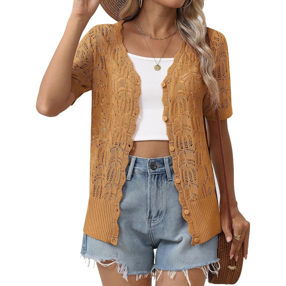 image:imageZeagoo Womens Short Sleeve Summer Cardigan Crochet Button up Shrug SweaterYellow Brown