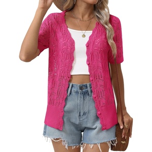 Zeagoo Women’s Short Sleeve Summer Cardigan Crochet Button up Shrug Sweater(Rose Red)