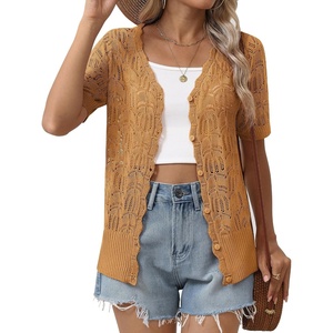Zeagoo Women’s Short Sleeve Summer Cardigan Crochet Button up Shrug Sweater(Yellow Brown)