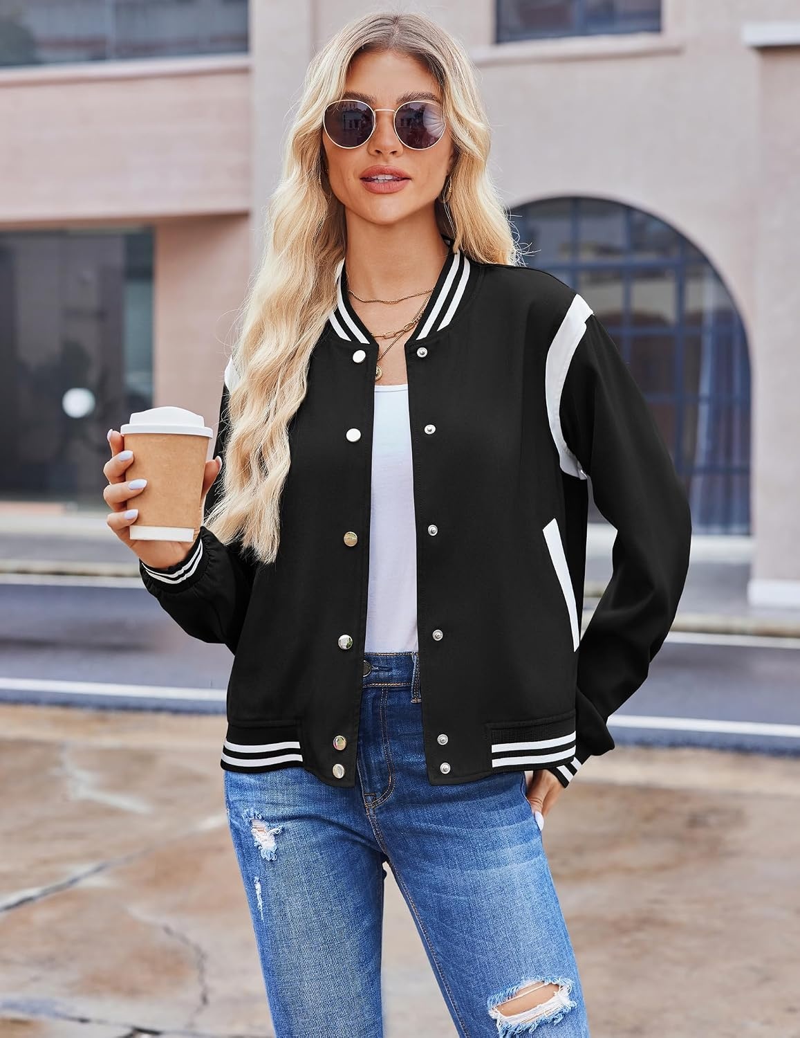image:imageZeagoo Bomber Jacket Women Varsity Casual Button Down Outfits with PocketsA01black