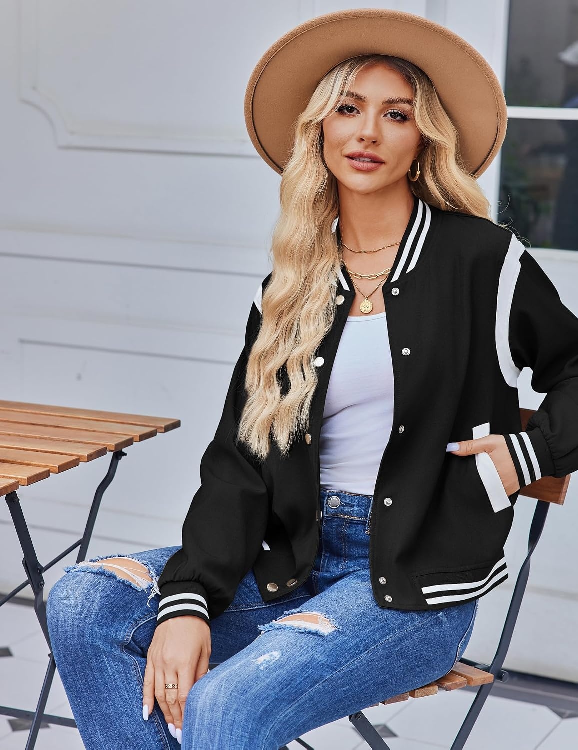 image:imageZeagoo Bomber Jacket Women Varsity Casual Button Down Outfits with PocketsA01black