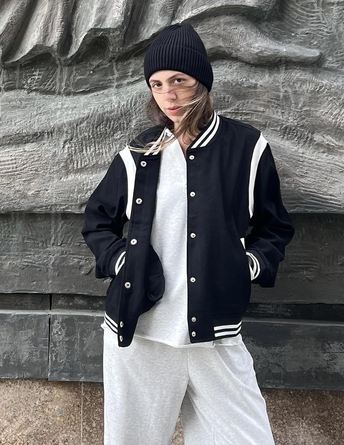 image:imageZeagoo Bomber Jacket Women Varsity Casual Button Down Outfits with PocketsA01black