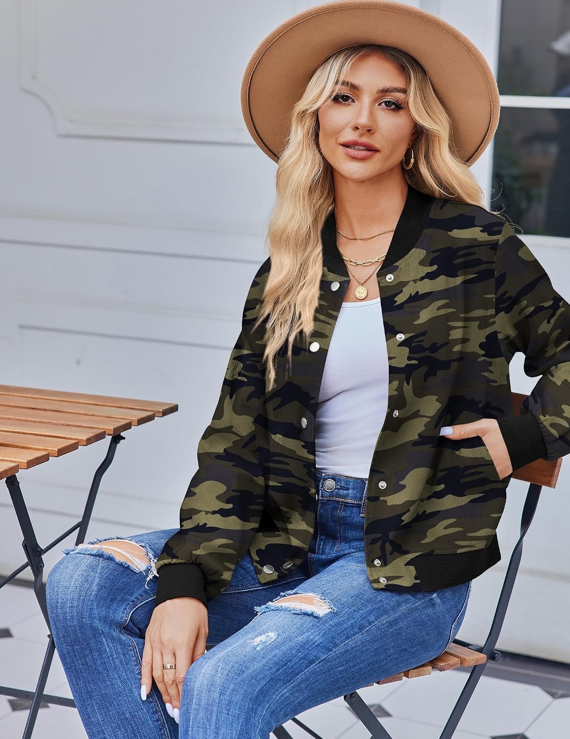image:imageZeagoo Bomber Jacket Women Varsity Casual Button Down Outfits with PocketsArmy Camo