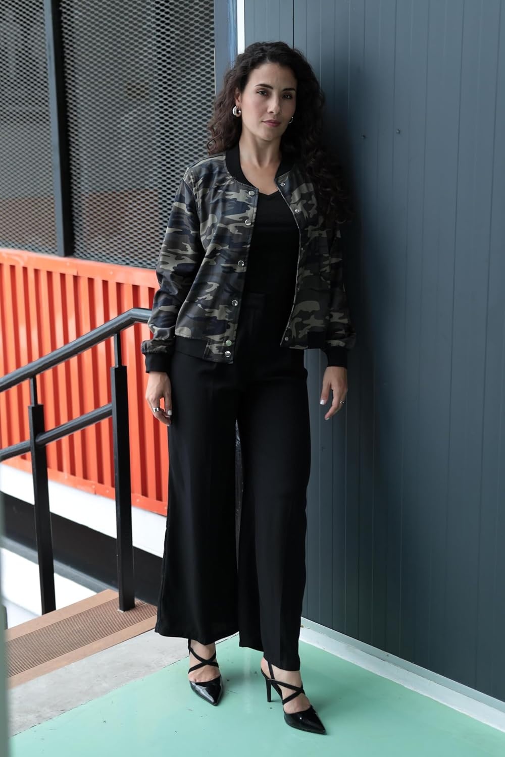 image:imageZeagoo Bomber Jacket Women Varsity Casual Button Down Outfits with PocketsArmy Camo