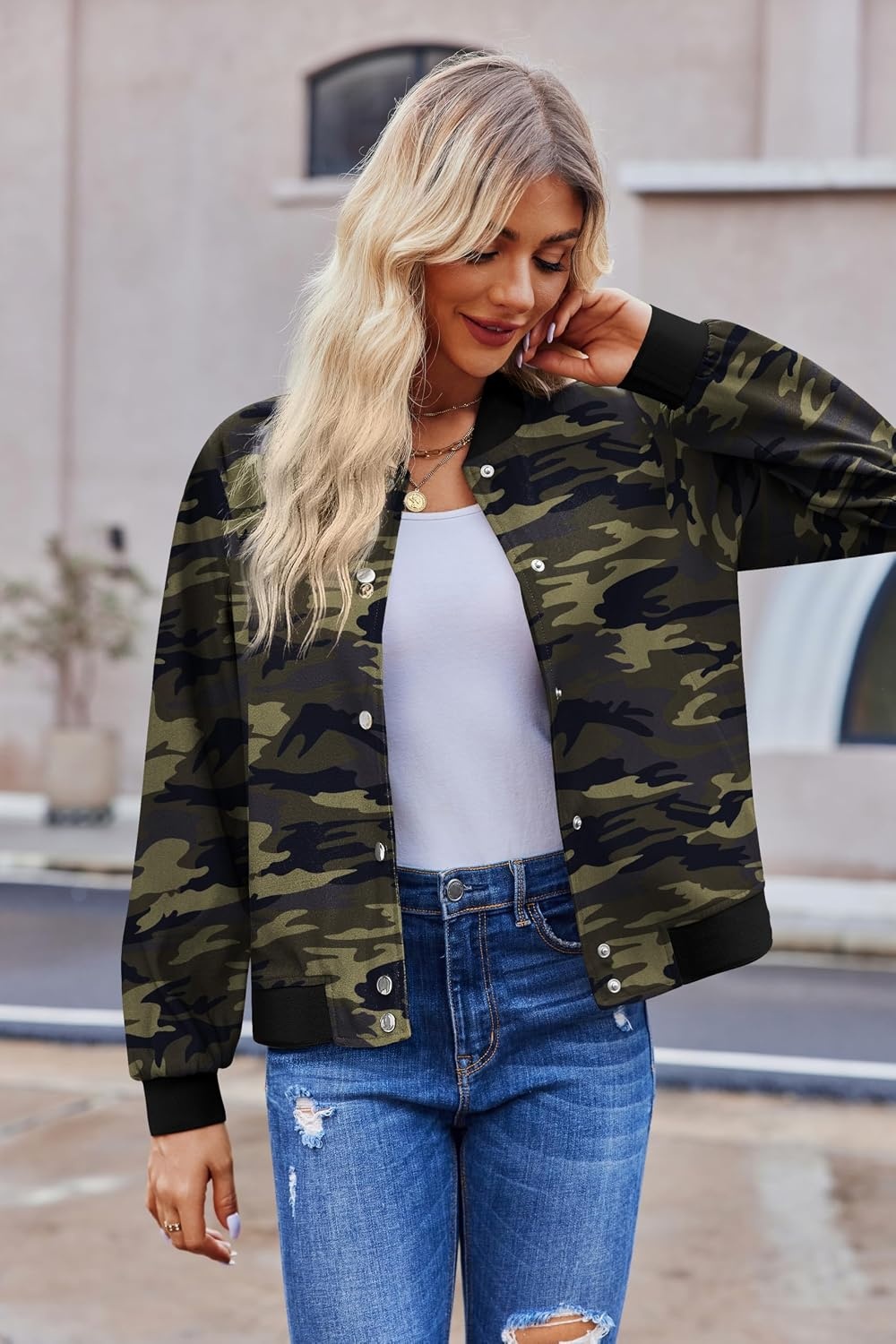 image:imageZeagoo Bomber Jacket Women Varsity Casual Button Down Outfits with PocketsArmy Camo