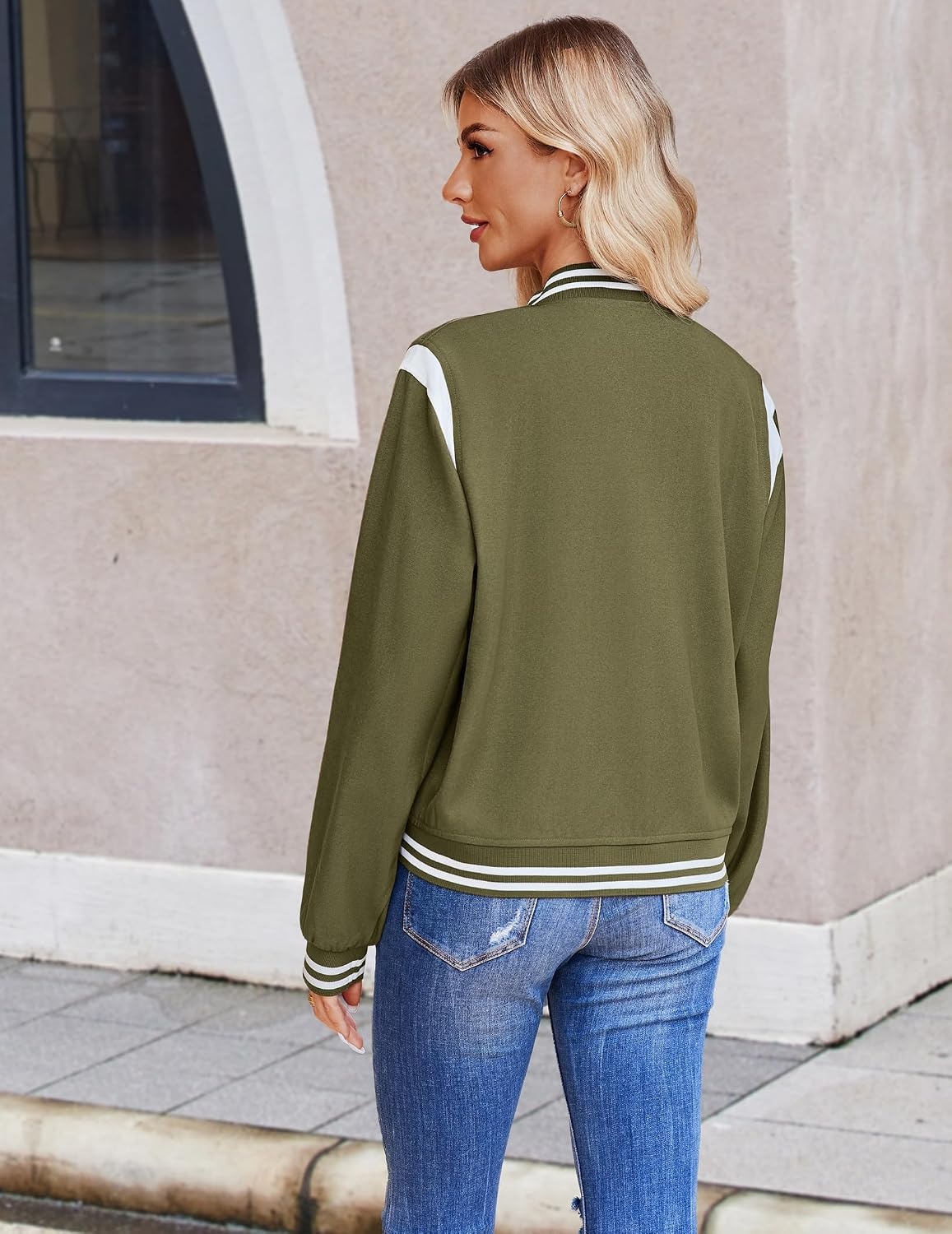 image:imageZeagoo Bomber Jacket Women Varsity Casual Button Down Outfits with PocketsArmy Green