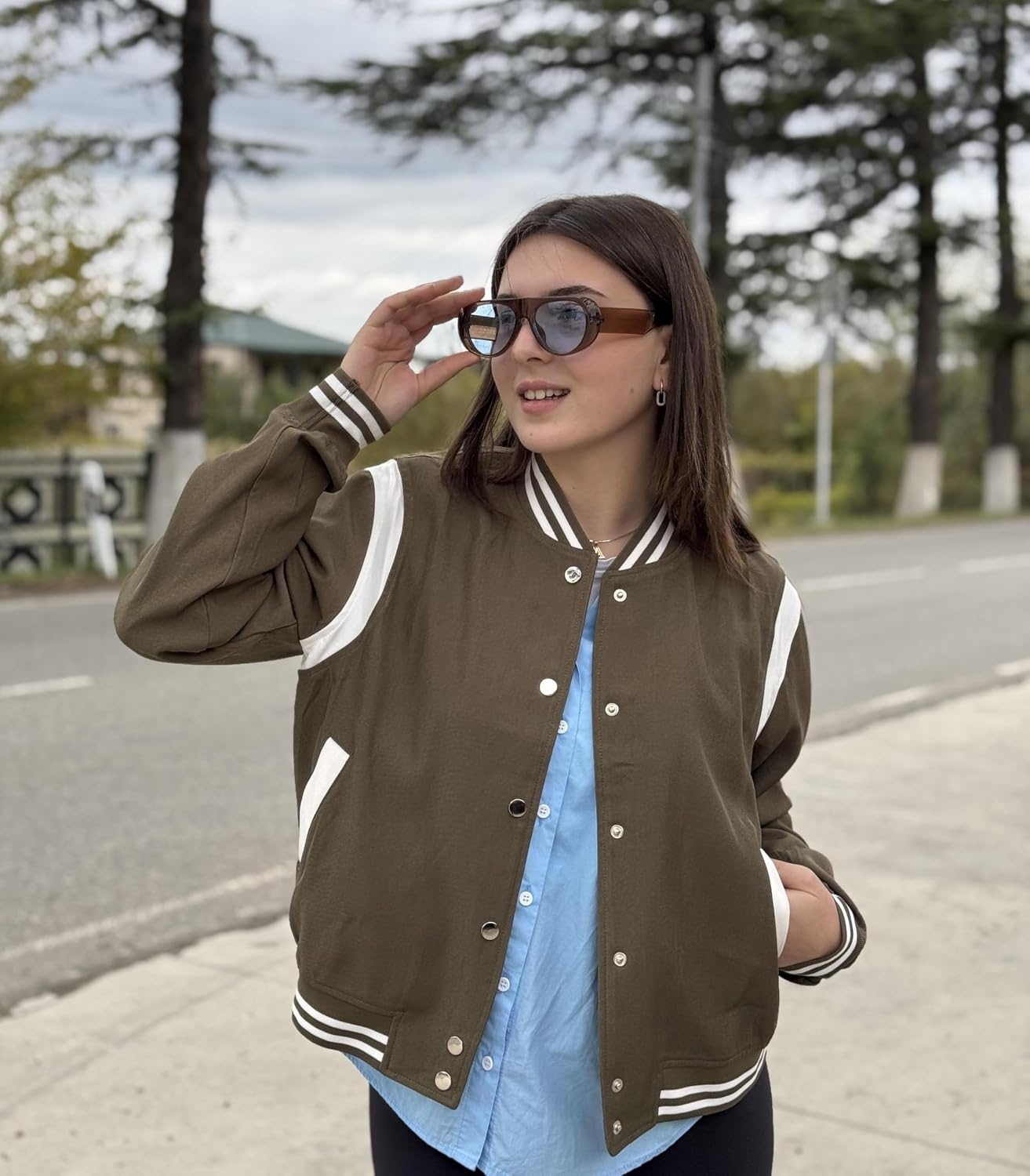 image:imageZeagoo Bomber Jacket Women Varsity Casual Button Down Outfits with PocketsArmy Green
