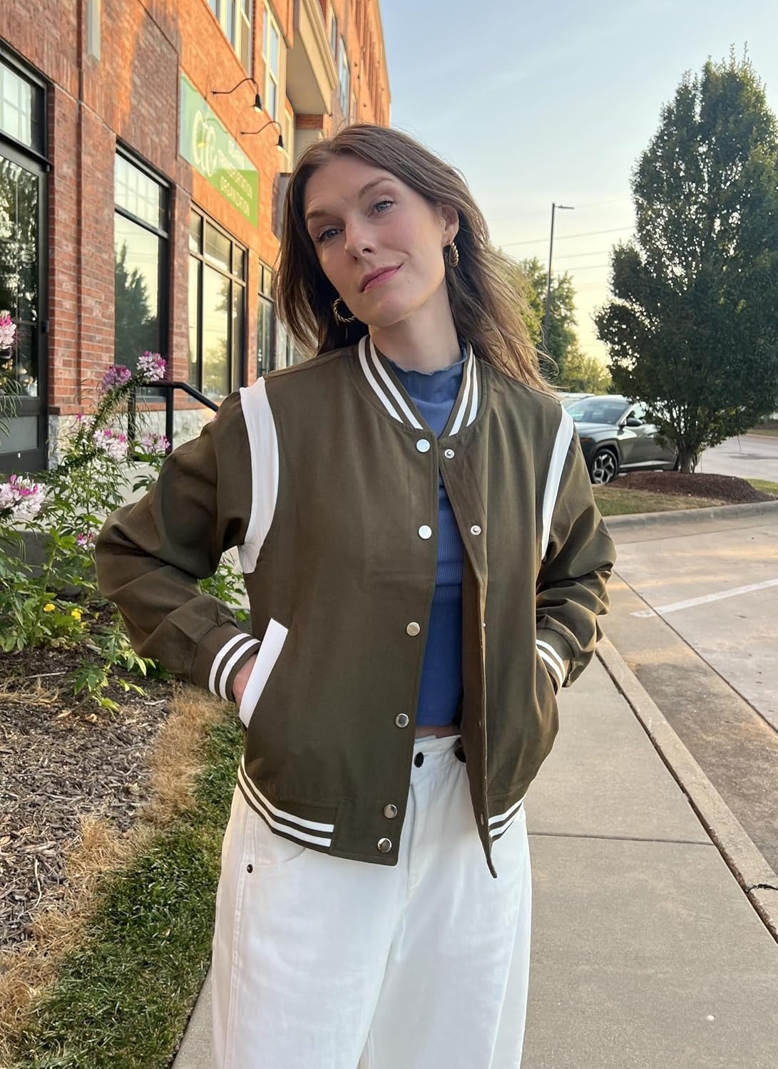 image:imageZeagoo Bomber Jacket Women Varsity Casual Button Down Outfits with PocketsArmy Green