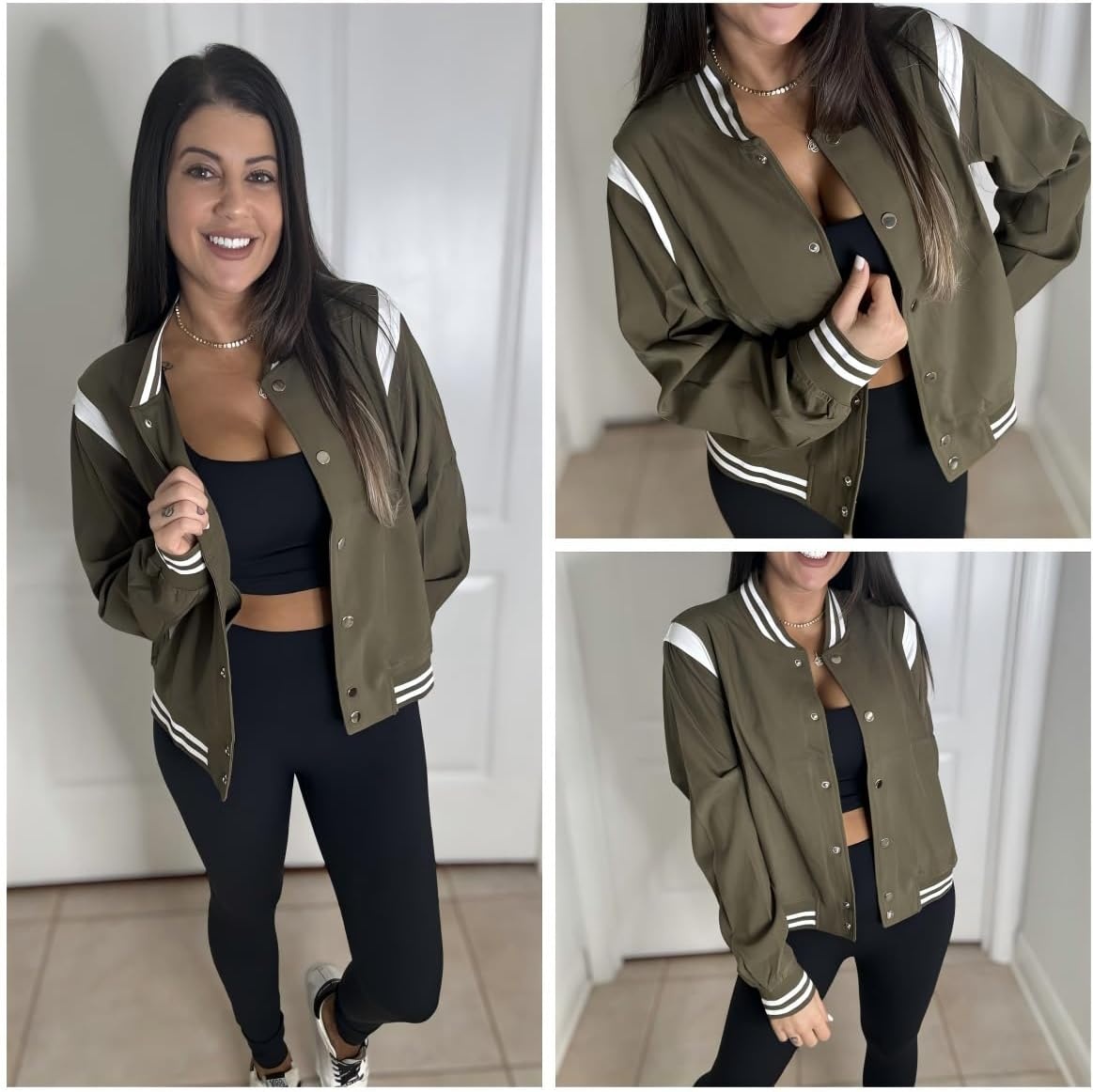 image:imageZeagoo Bomber Jacket Women Varsity Casual Button Down Outfits with PocketsArmy Green