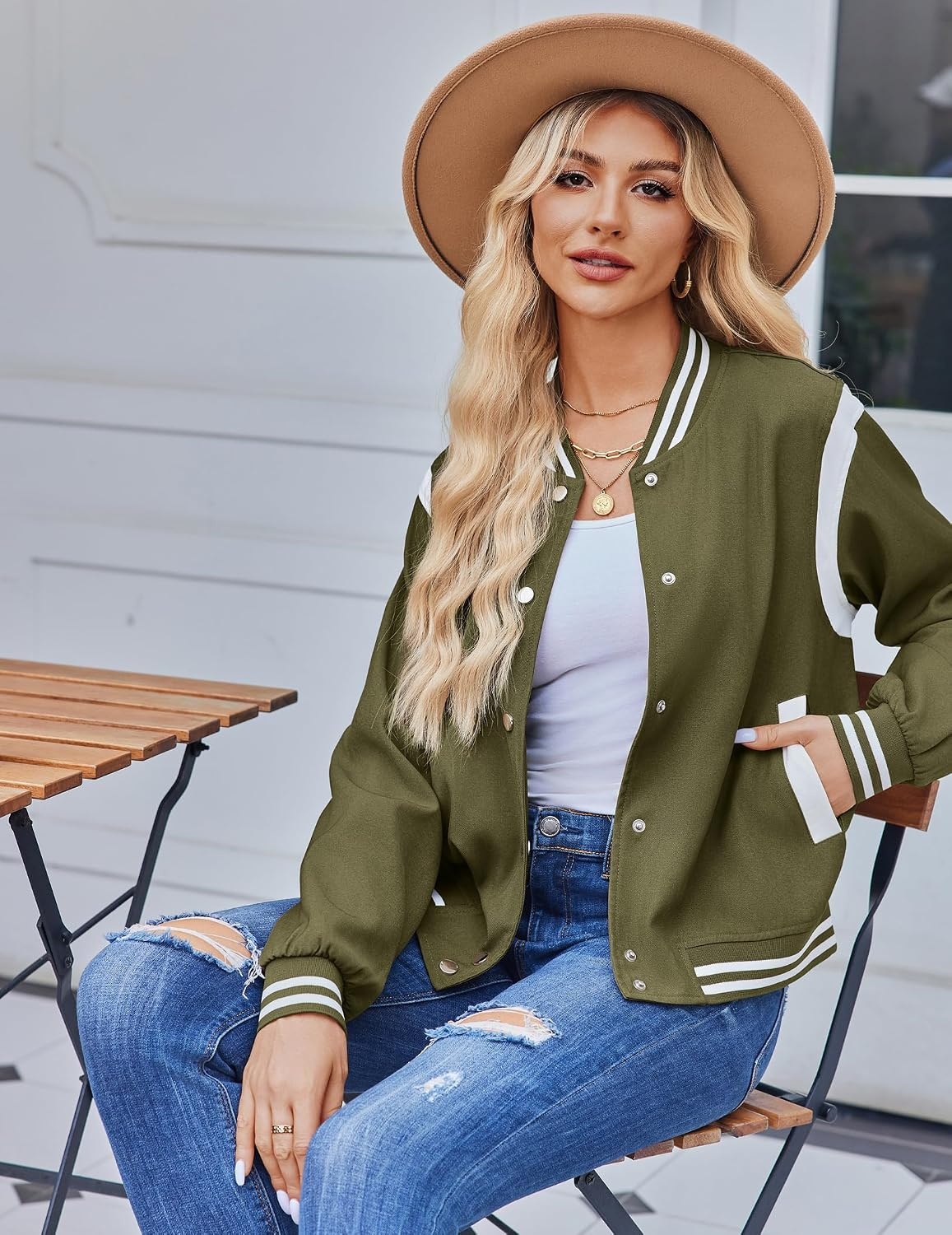 image:imageZeagoo Bomber Jacket Women Varsity Casual Button Down Outfits with PocketsArmy Green