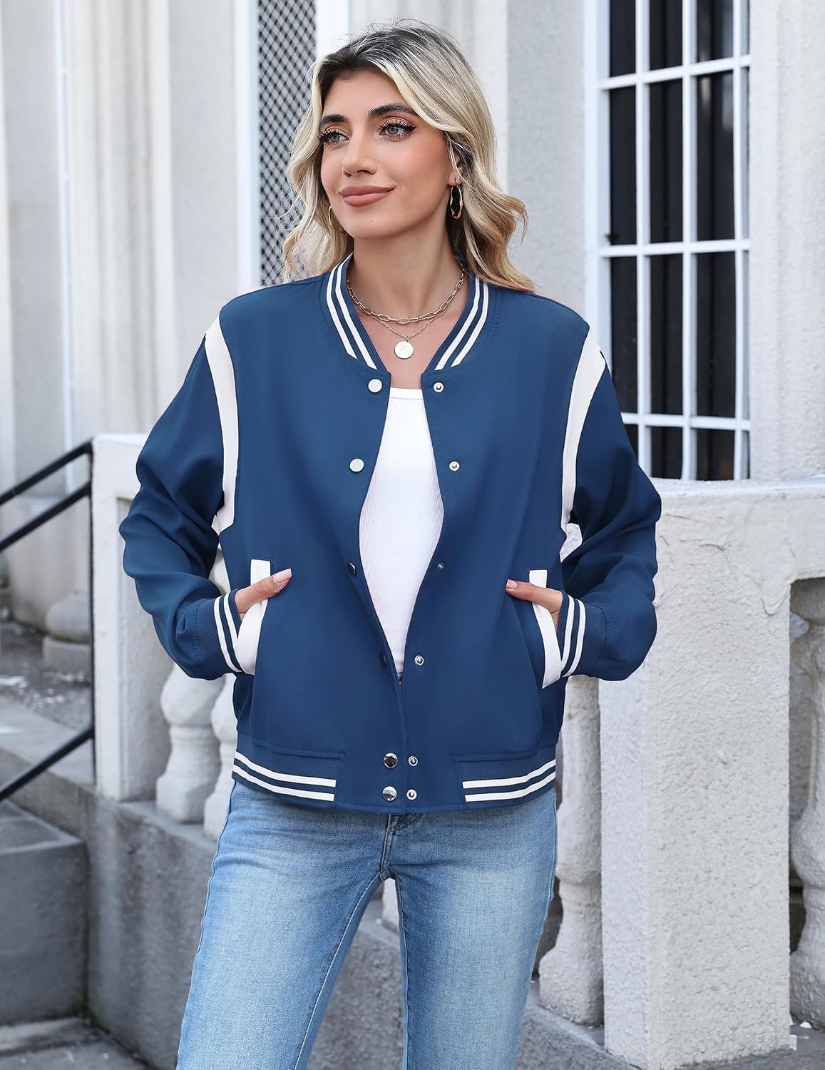 image:imageZeagoo Bomber Jacket Women Varsity Casual Button Down Outfits with PocketsBlue