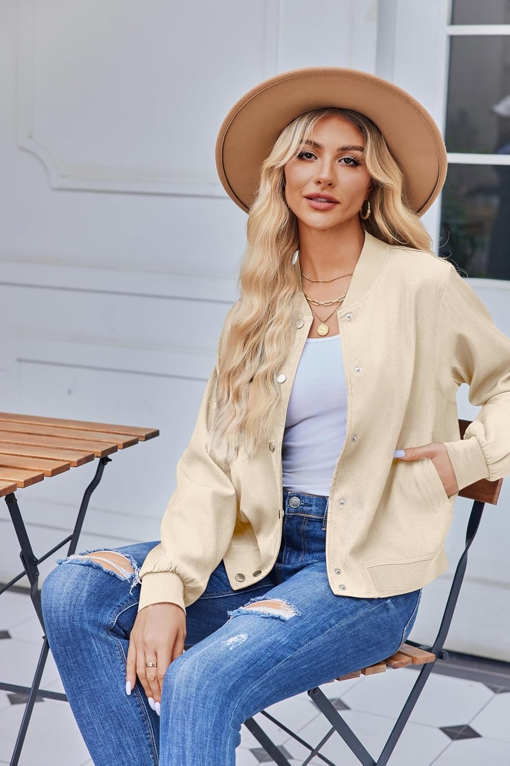 image:imageZeagoo Bomber Jacket Women Varsity Casual Button Down Outfits with PocketsChampagne