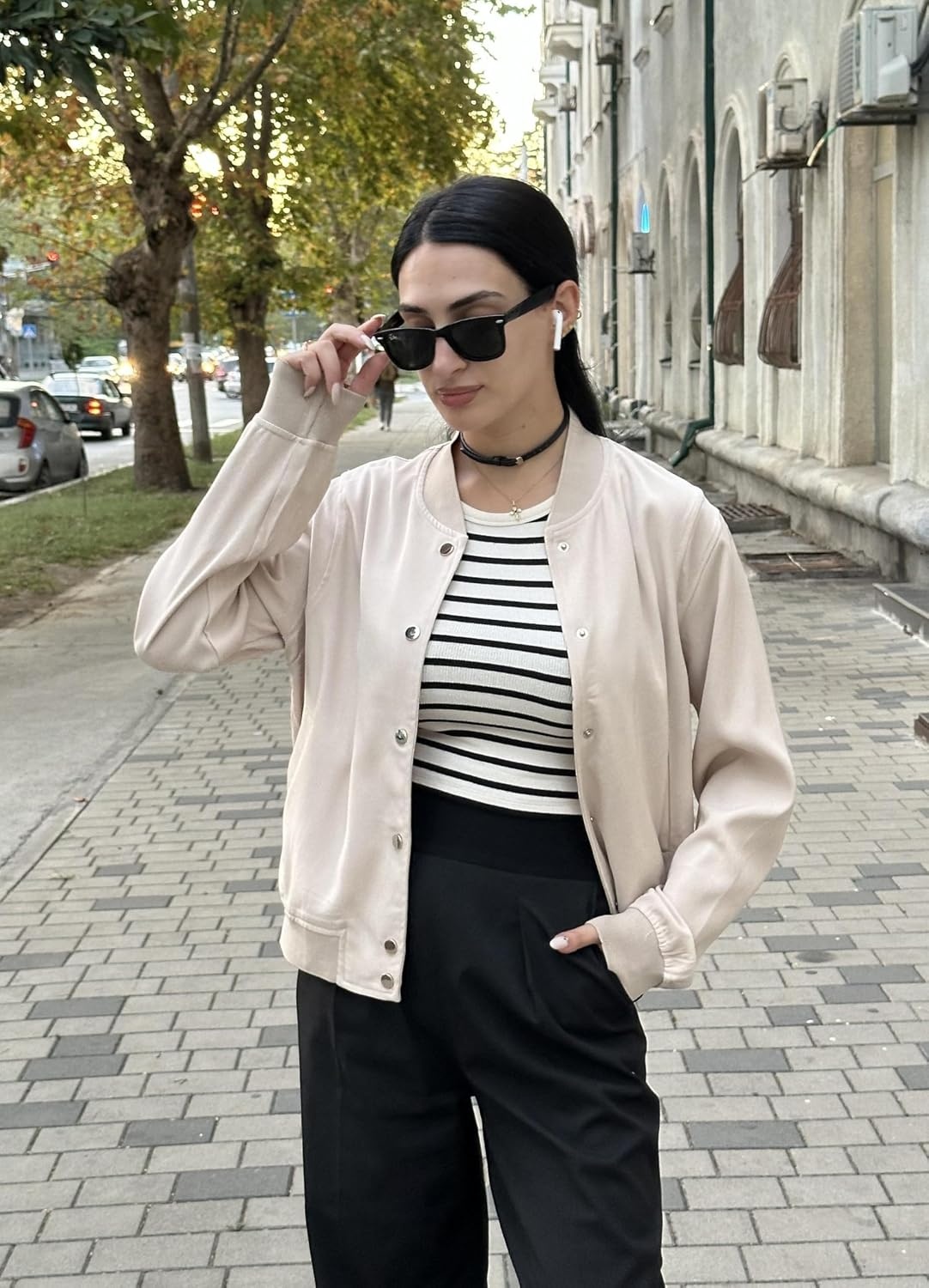 image:imageZeagoo Bomber Jacket Women Varsity Casual Button Down Outfits with PocketsChampagne