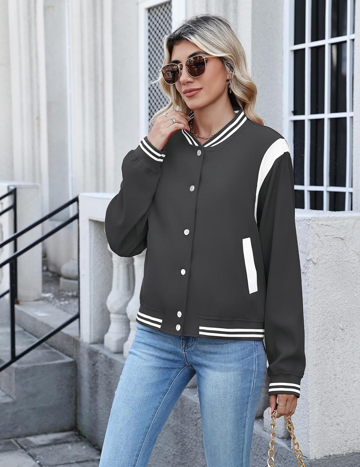 image:imageZeagoo Bomber Jacket Women Varsity Casual Button Down Outfits with PocketsDark Grey