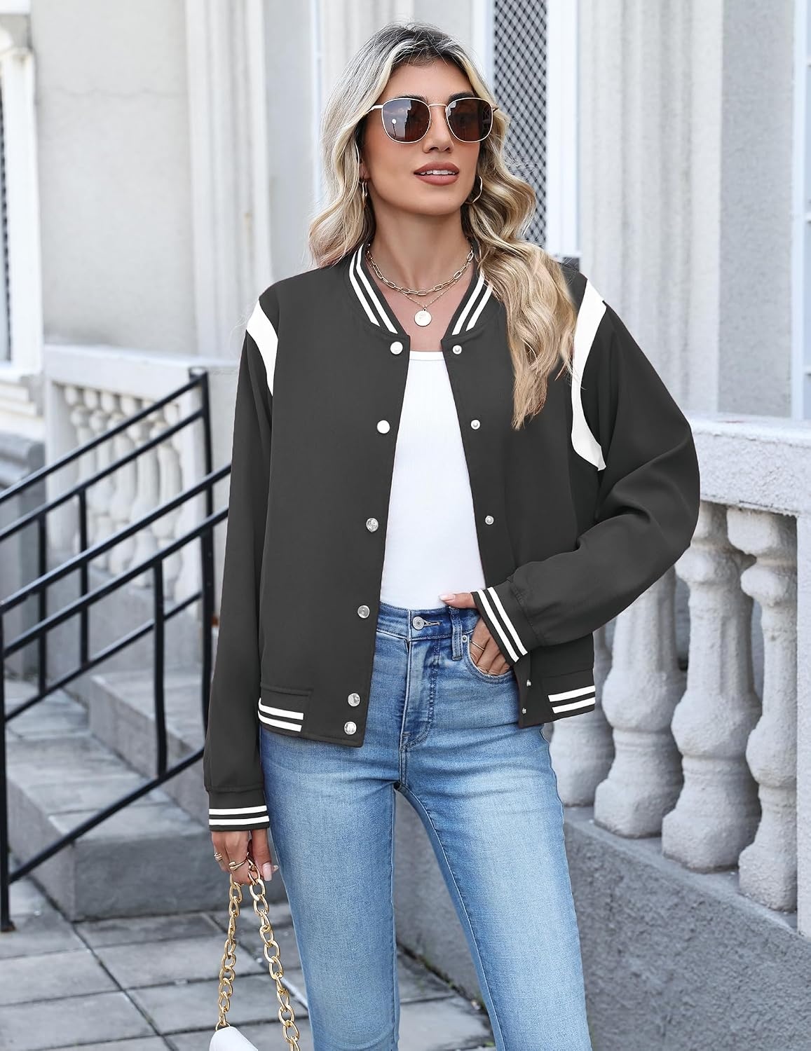 image:imageZeagoo Bomber Jacket Women Varsity Casual Button Down Outfits with PocketsDark Grey