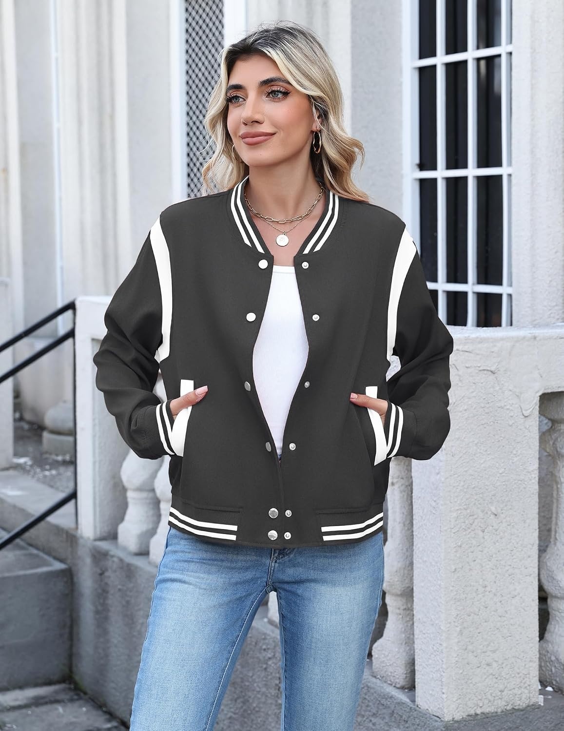 image:imageZeagoo Bomber Jacket Women Varsity Casual Button Down Outfits with PocketsDark Grey