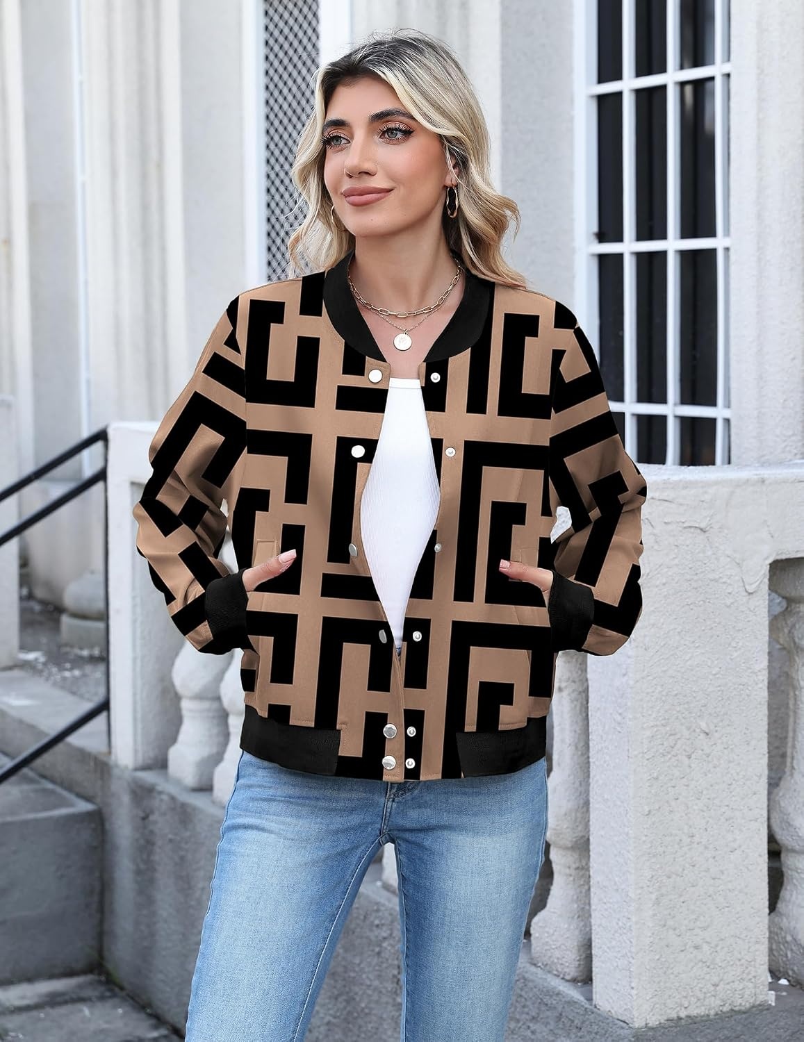 image:imageZeagoo Bomber Jacket Women Varsity Casual Button Down Outfits with PocketsGeometric