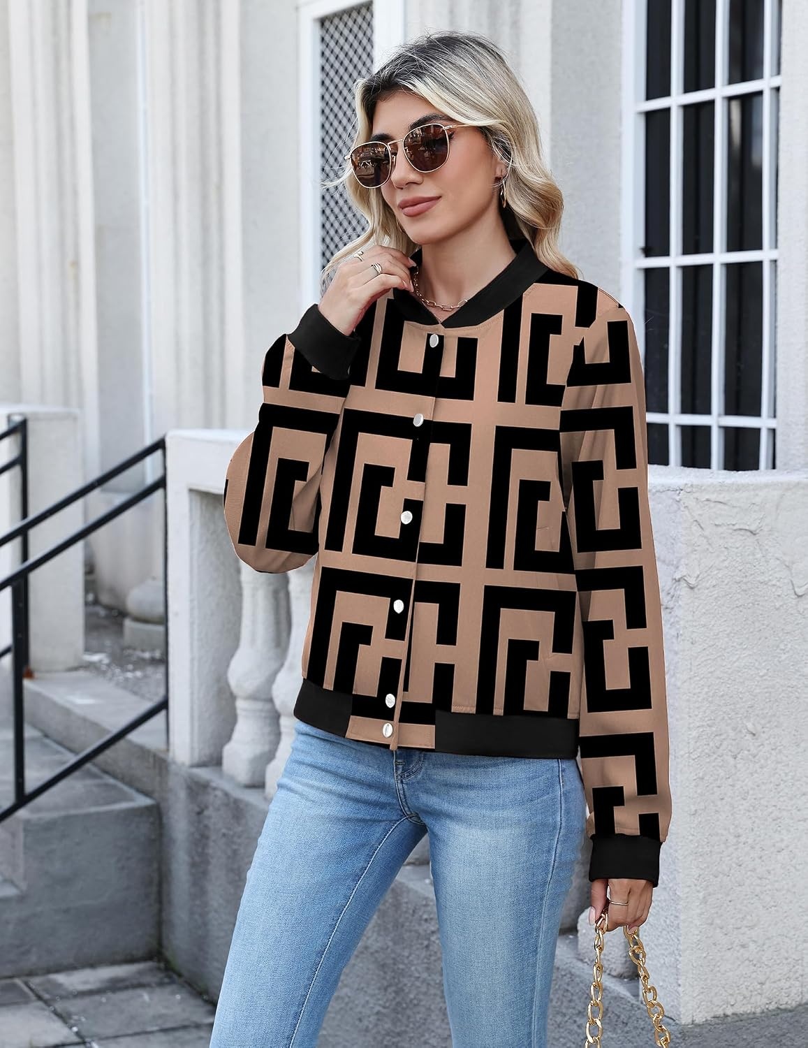 image:imageZeagoo Bomber Jacket Women Varsity Casual Button Down Outfits with PocketsGeometric