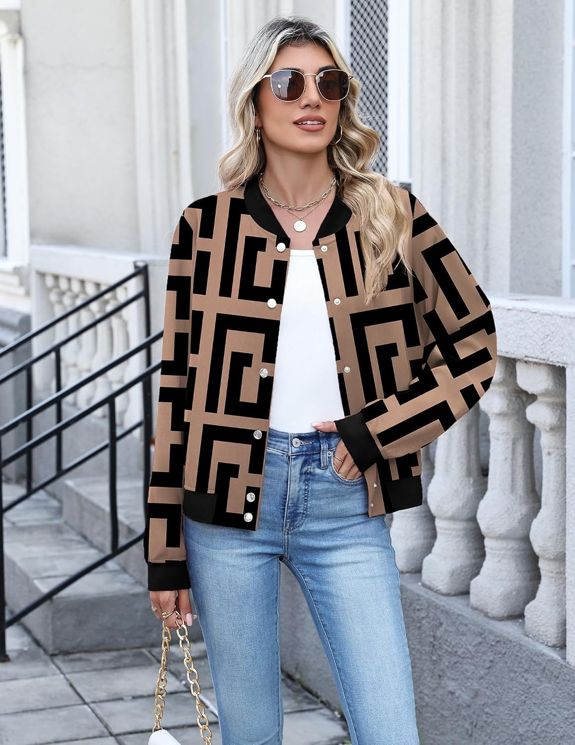 image:imageZeagoo Bomber Jacket Women Varsity Casual Button Down Outfits with PocketsGeometric