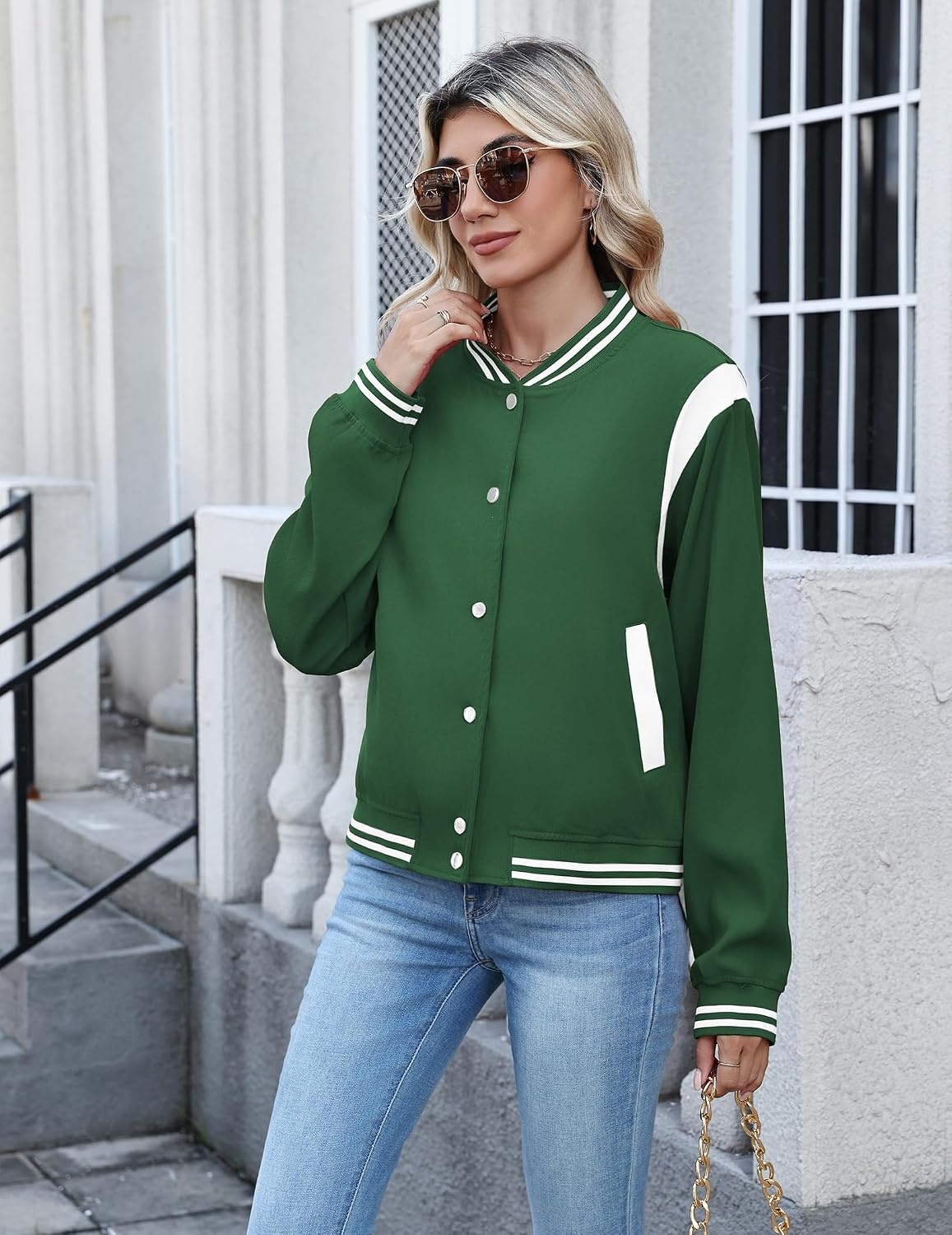 image:imageZeagoo Bomber Jacket Women Varsity Casual Button Down Outfits with PocketsGreen