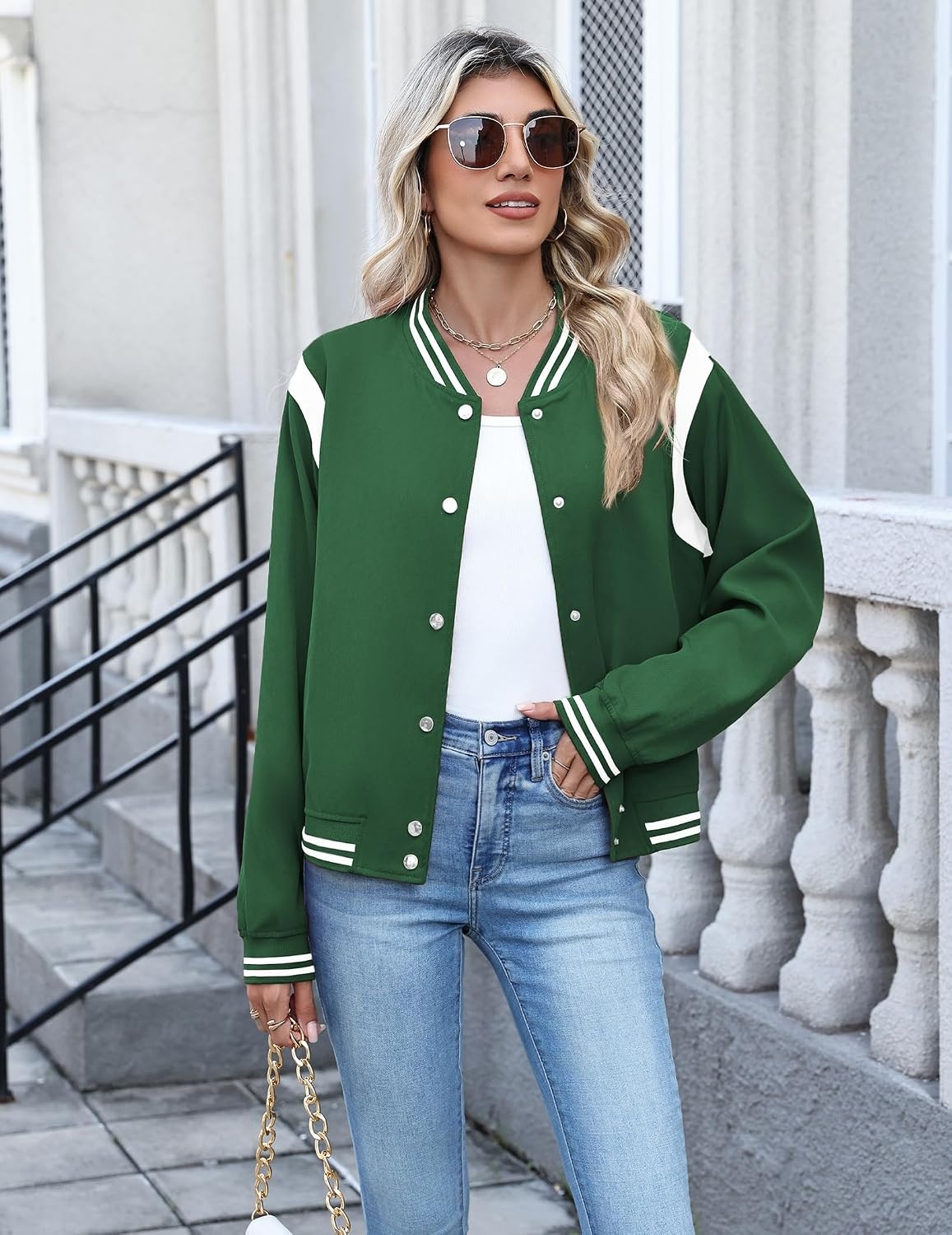 image:imageZeagoo Bomber Jacket Women Varsity Casual Button Down Outfits with PocketsGreen