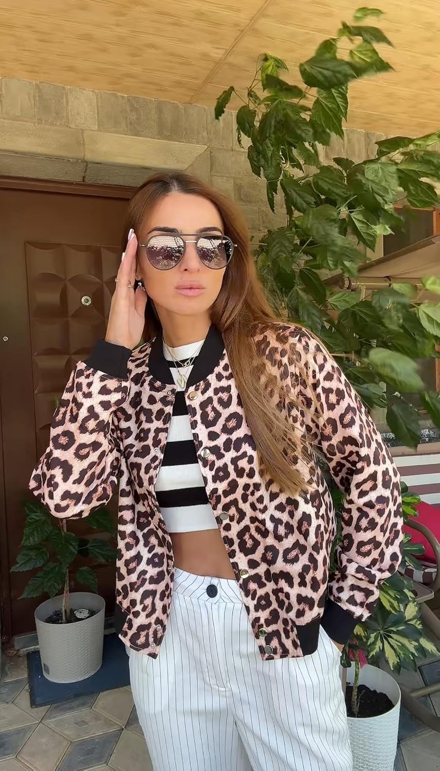 image:imageZeagoo Bomber Jacket Women Varsity Casual Button Down Outfits with PocketsLeopard