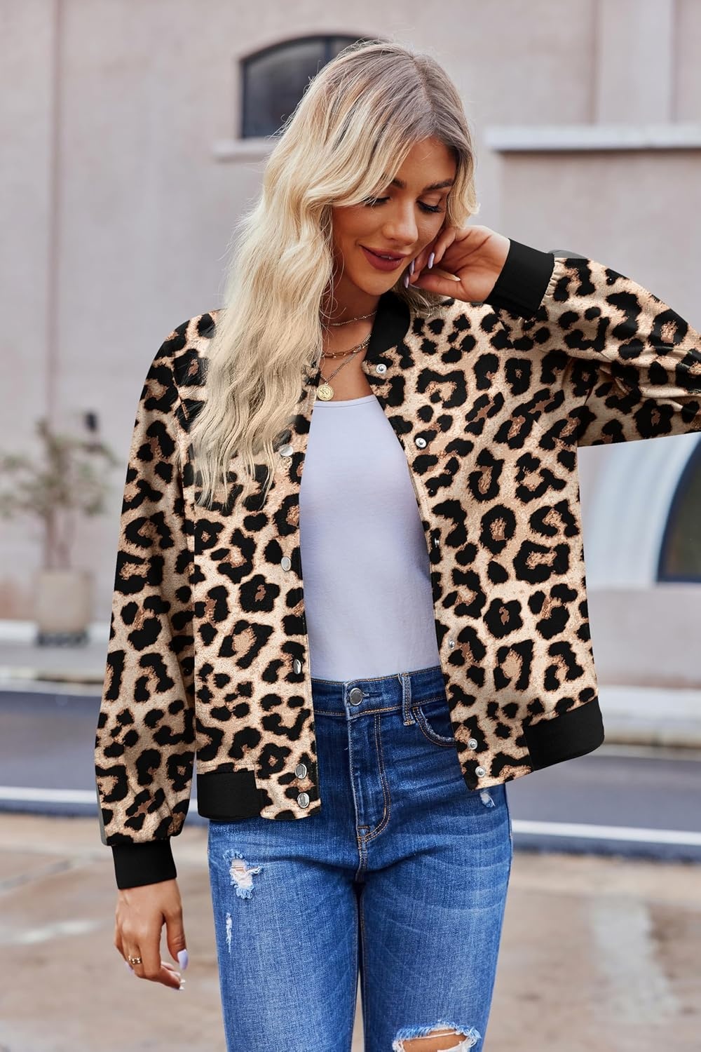 image:imageZeagoo Bomber Jacket Women Varsity Casual Button Down Outfits with PocketsLeopard