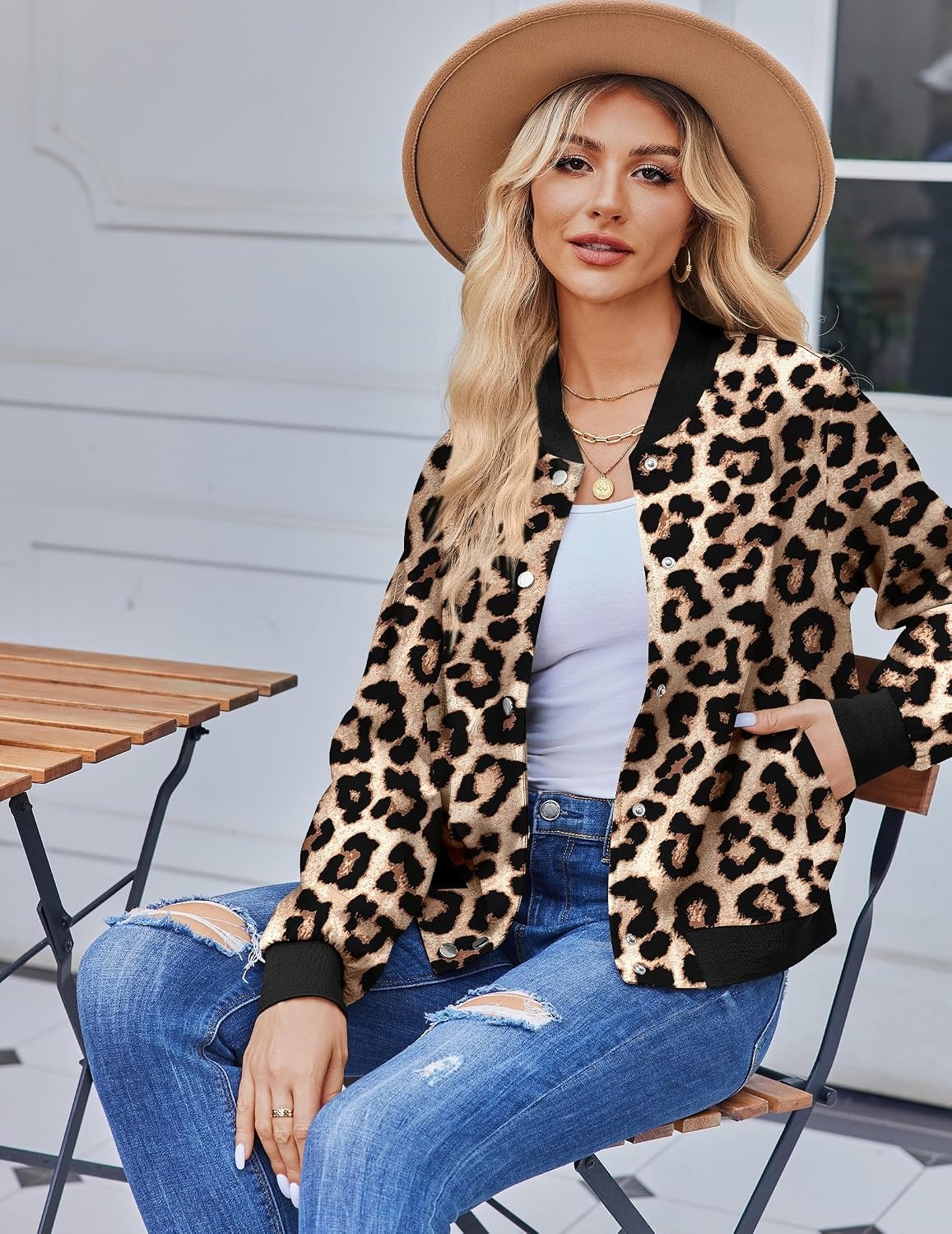 image:imageZeagoo Bomber Jacket Women Varsity Casual Button Down Outfits with PocketsLeopard