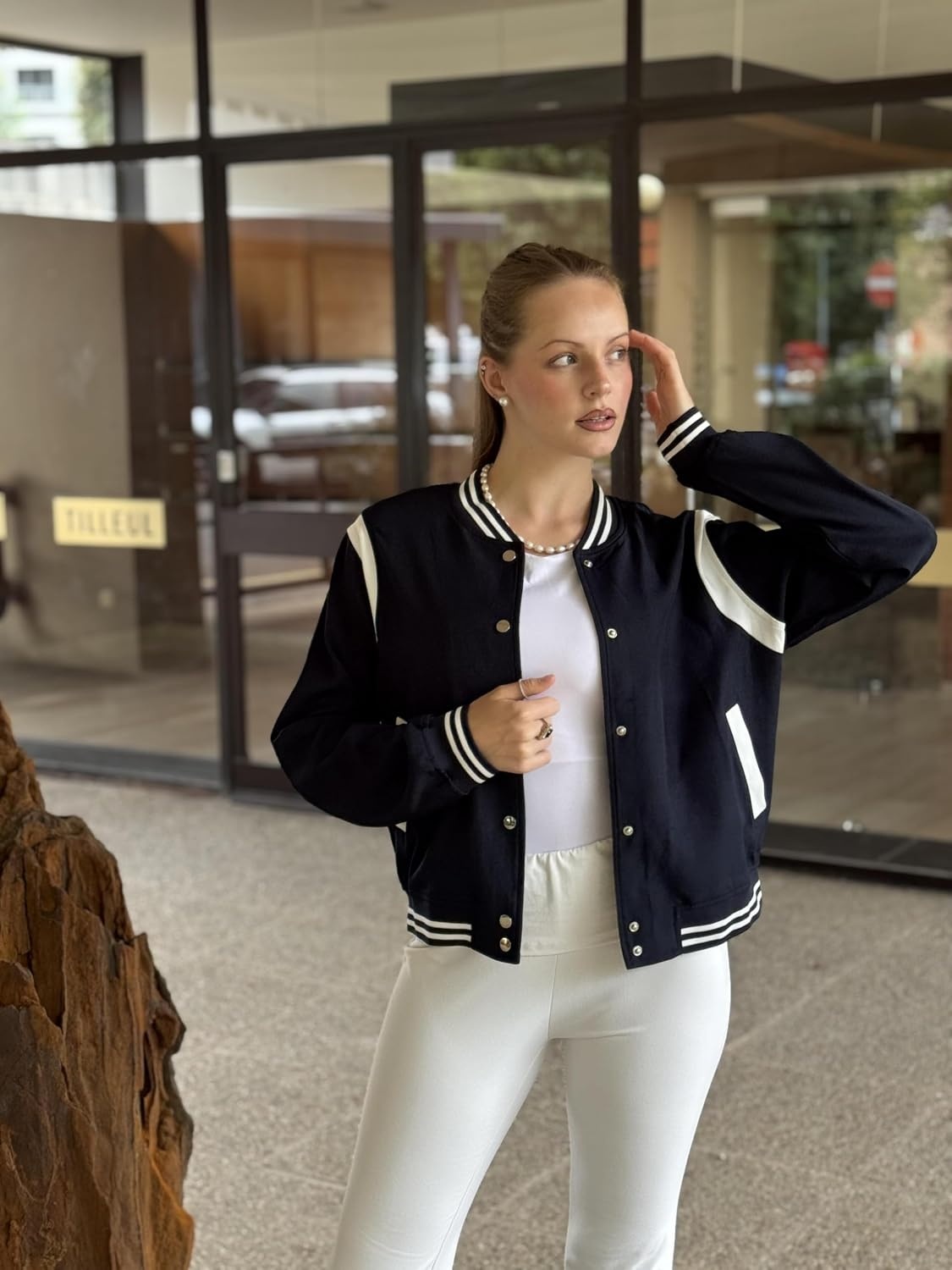 image:imageZeagoo Bomber Jacket Women Varsity Casual Button Down Outfits with PocketsNavy Blue