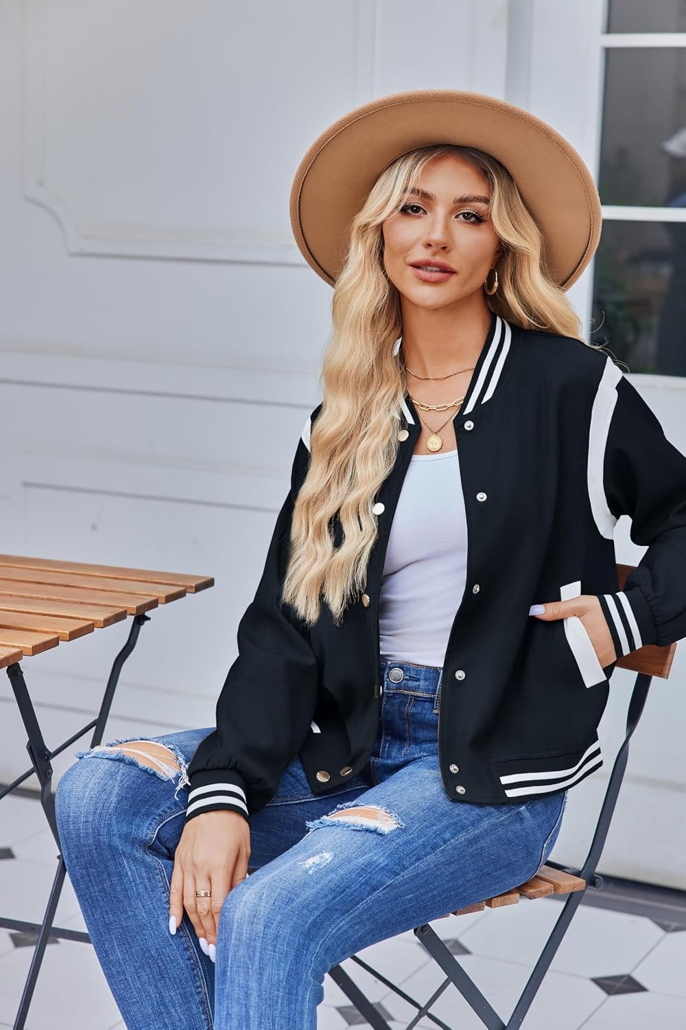 image:imageZeagoo Bomber Jacket Women Varsity Casual Button Down Outfits with PocketsNavy Blue