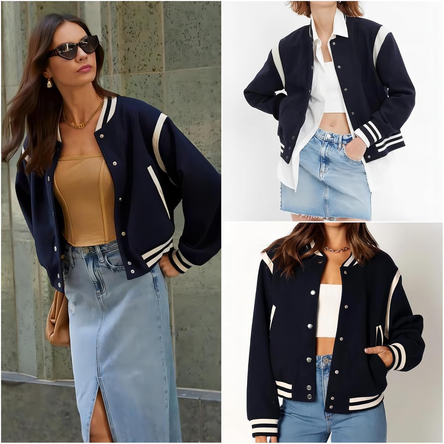 image:imageZeagoo Bomber Jacket Women Varsity Casual Button Down Outfits with PocketsNavy Blue