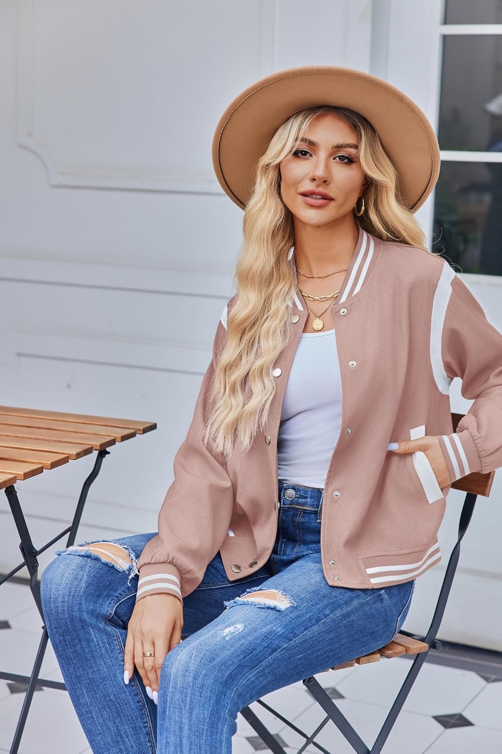 image:imageZeagoo Bomber Jacket Women Varsity Casual Button Down Outfits with PocketsPink