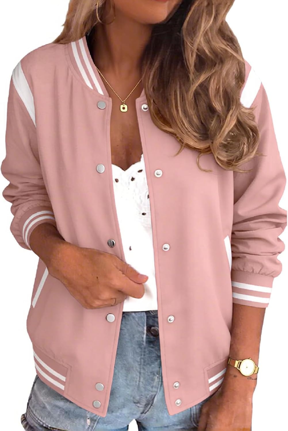 image:imageZeagoo Bomber Jacket Women Varsity Casual Button Down Outfits with PocketsPink