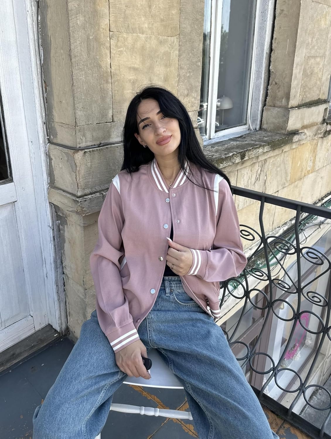 image:imageZeagoo Bomber Jacket Women Varsity Casual Button Down Outfits with PocketsPink
