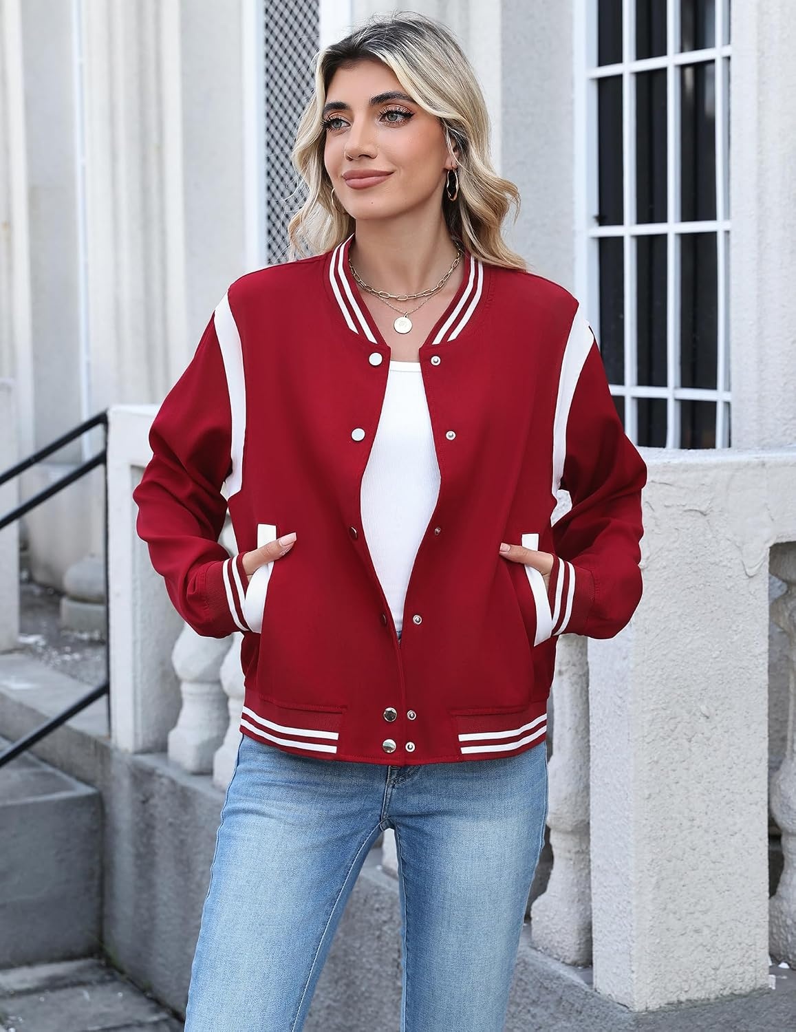 image:imageZeagoo Bomber Jacket Women Varsity Casual Button Down Outfits with PocketsRed