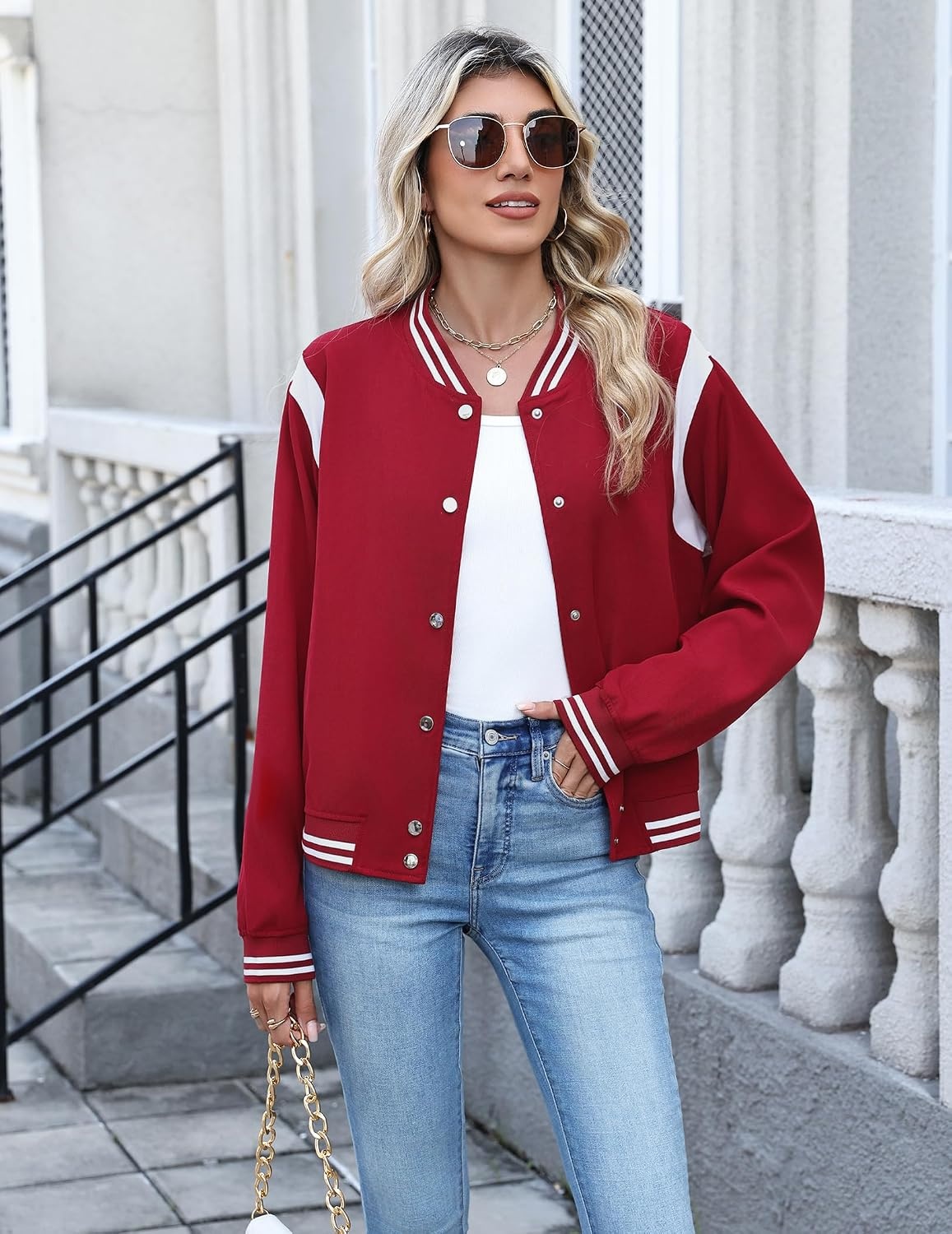 image:imageZeagoo Bomber Jacket Women Varsity Casual Button Down Outfits with PocketsRed