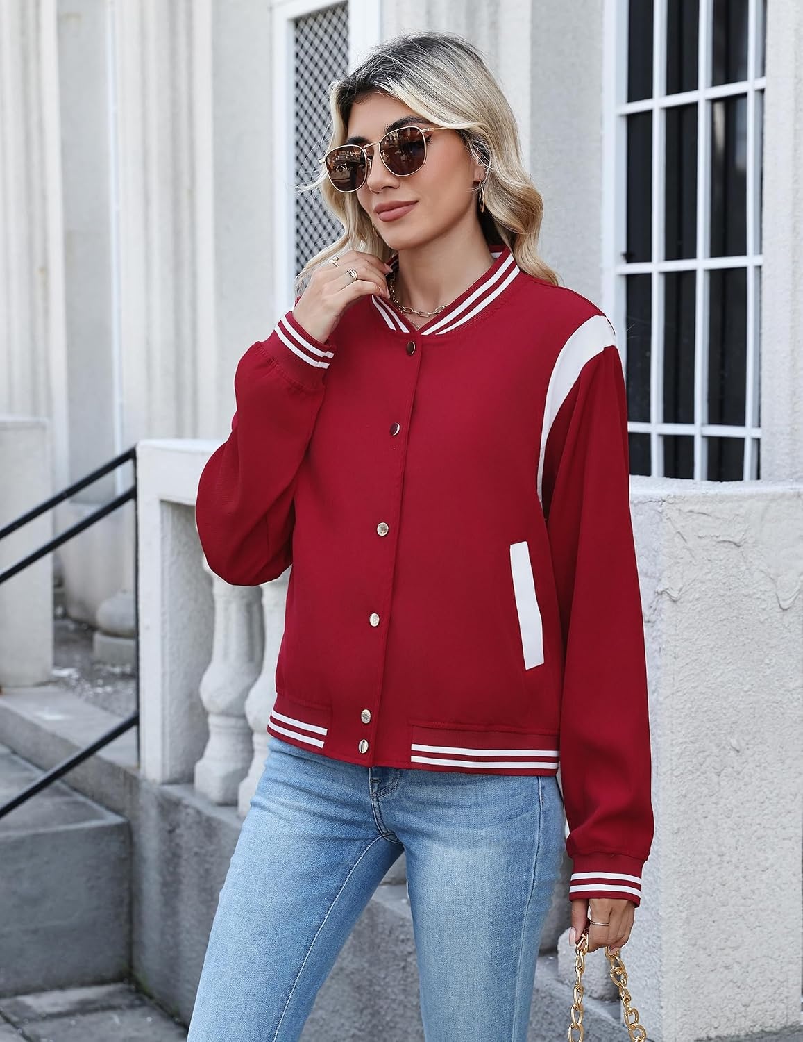 image:imageZeagoo Bomber Jacket Women Varsity Casual Button Down Outfits with PocketsRed