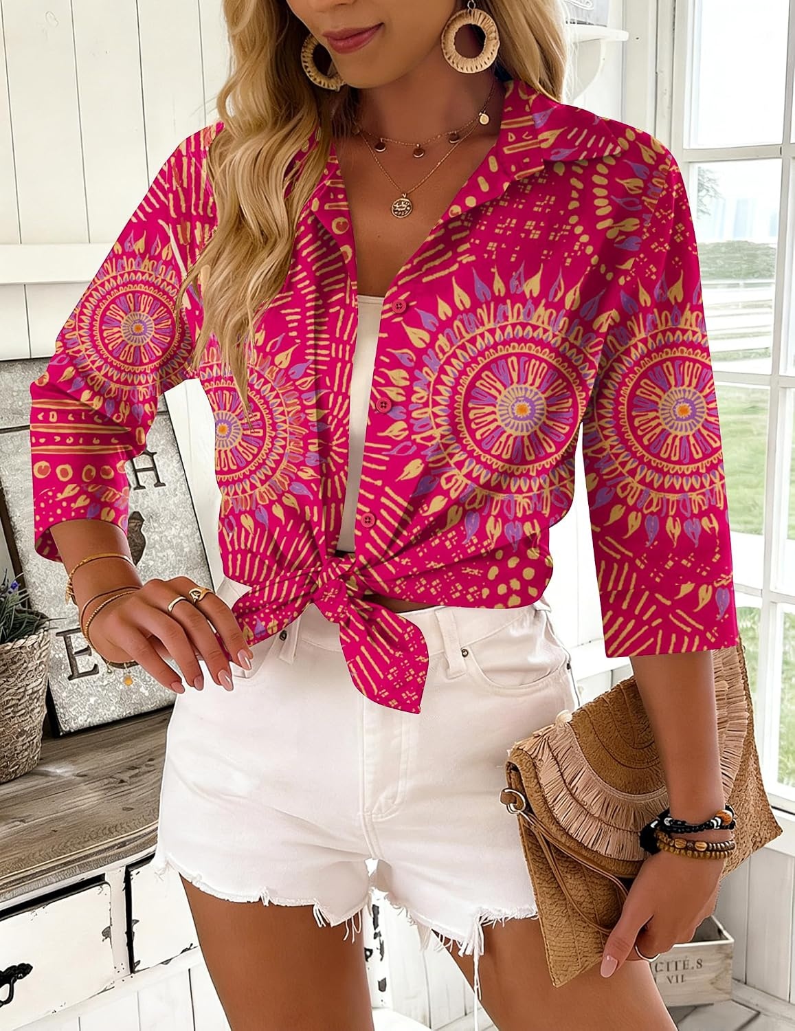 image:imageZeagoo Button Down Shirts for Women 34 Sleeve Tops V Neck Collared Blouses Business Casual OutfitsCx320