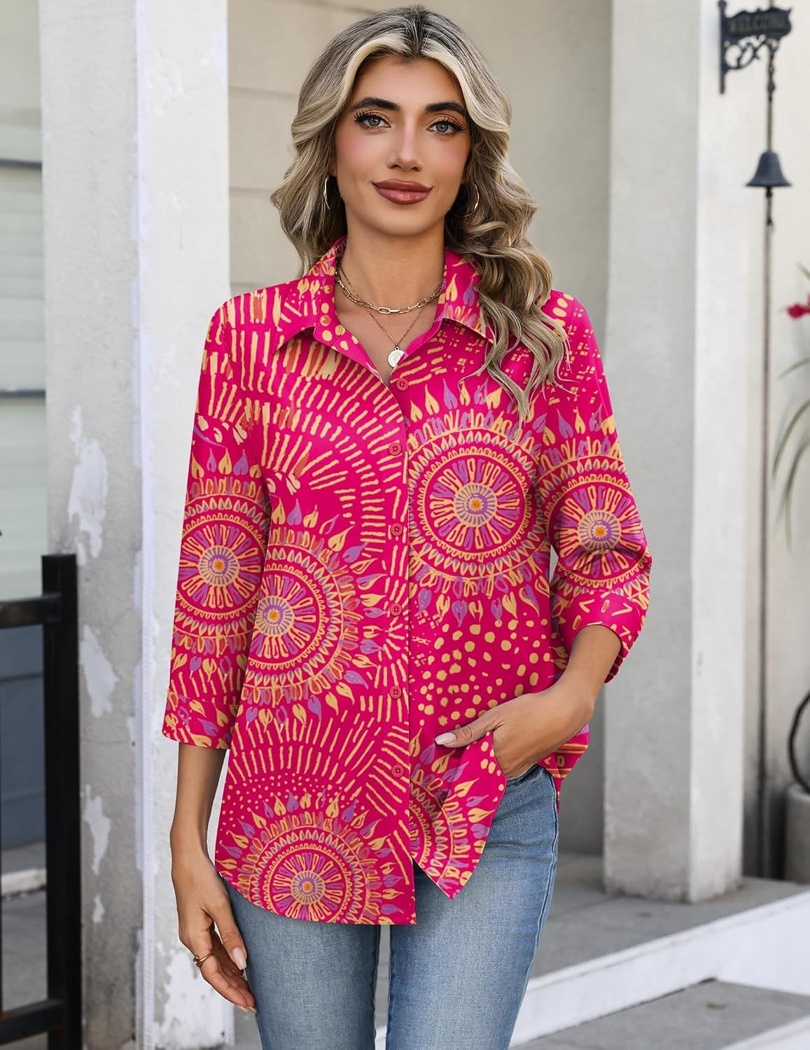 image:imageZeagoo Button Down Shirts for Women 34 Sleeve Tops V Neck Collared Blouses Business Casual OutfitsCx320
