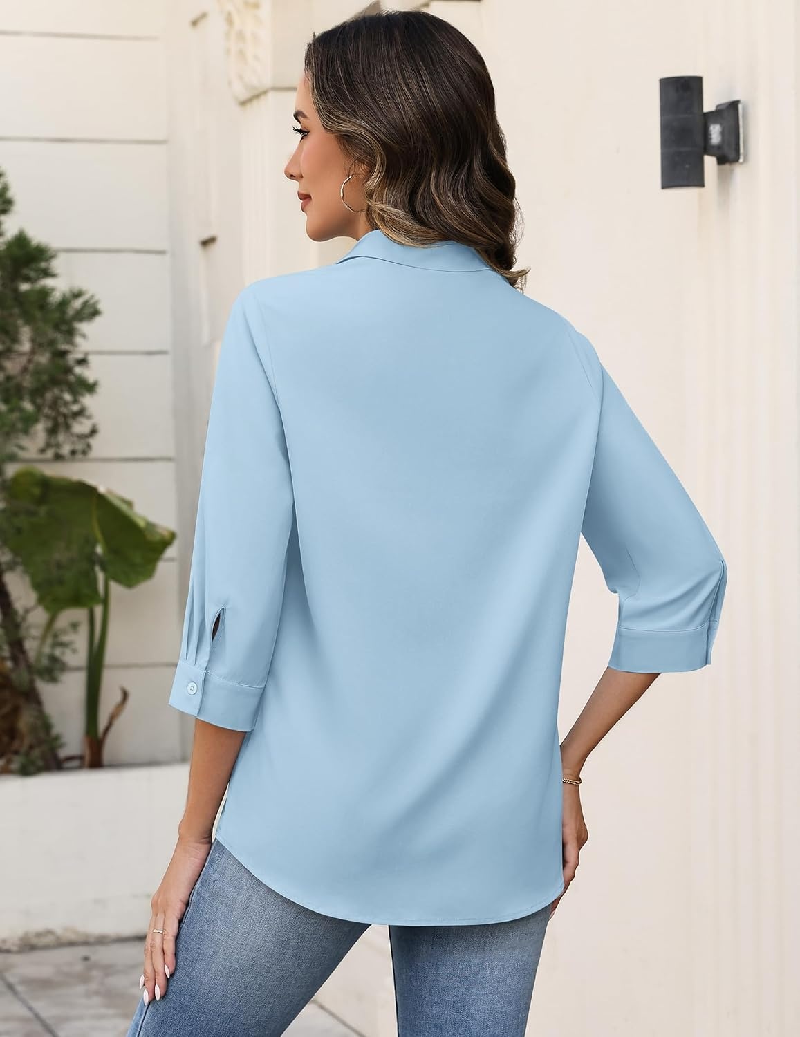 image:imageZeagoo Button Down Shirts for Women 34 Sleeve Tops V Neck Collared Blouses Business Casual OutfitsLight Blue