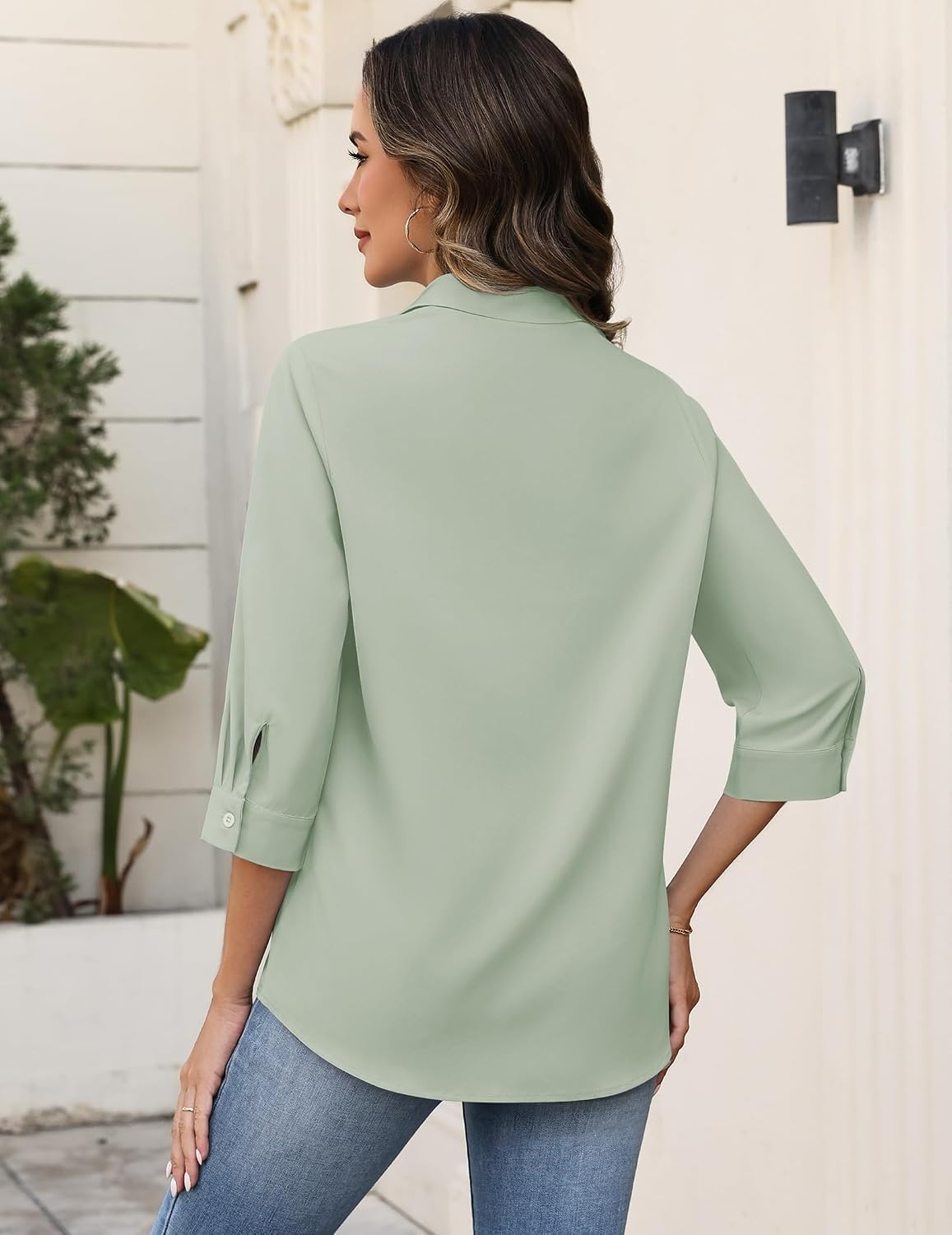 image:imageZeagoo Button Down Shirts for Women 34 Sleeve Tops V Neck Collared Blouses Business Casual OutfitsLight Green
