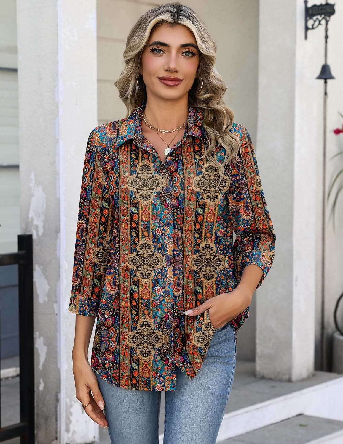 image:imageZeagoo Button Down Shirts for Women 34 Sleeve Tops V Neck Collared Blouses Business Casual OutfitsMz721