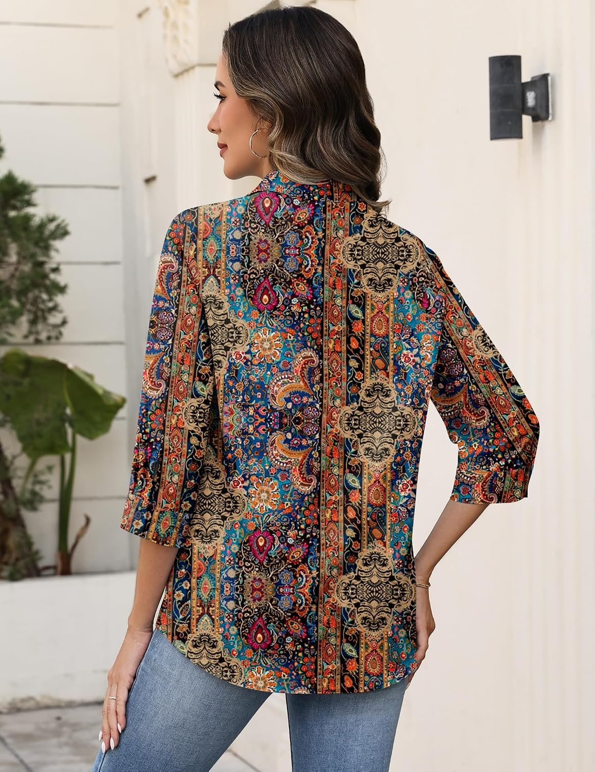 image:imageZeagoo Button Down Shirts for Women 34 Sleeve Tops V Neck Collared Blouses Business Casual OutfitsMz721
