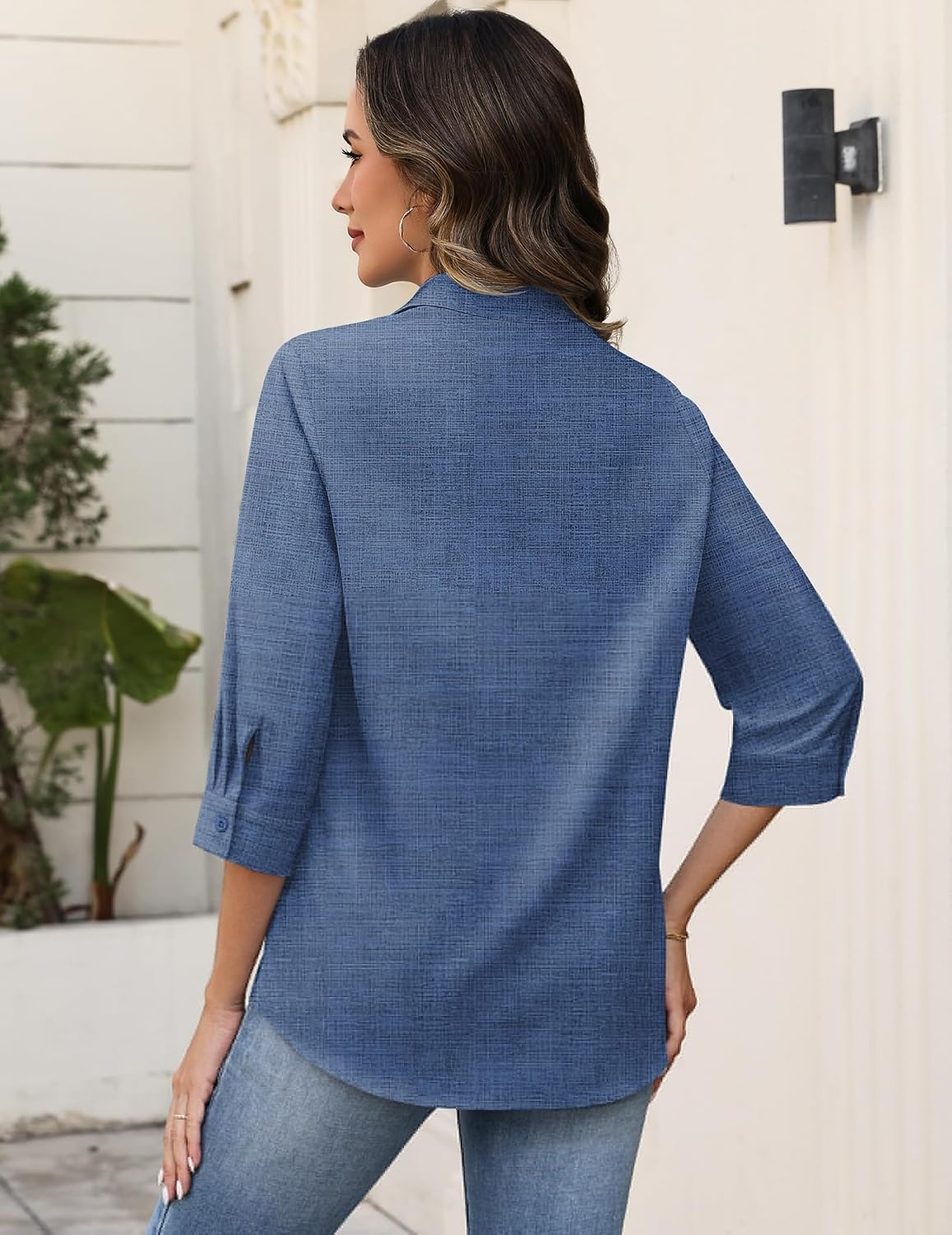 image:imageZeagoo Button Down Shirts for Women 34 Sleeve Tops V Neck Collared Blouses Business Casual OutfitsNavy Blue
