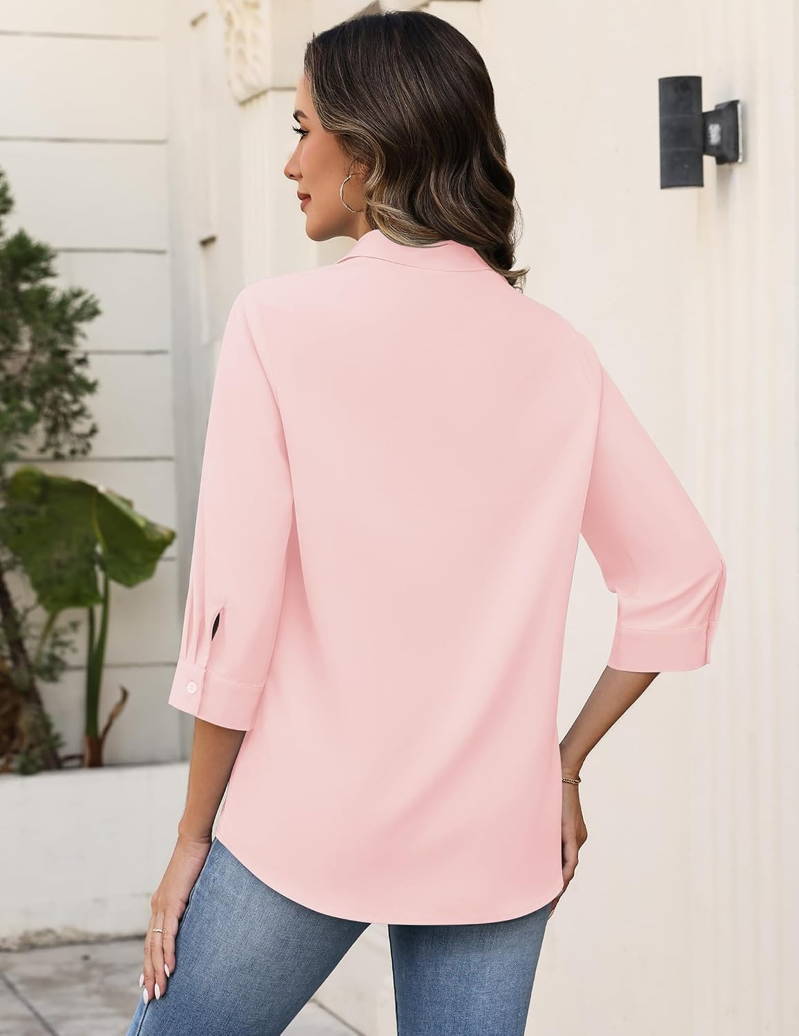 image:imageZeagoo Button Down Shirts for Women 34 Sleeve Tops V Neck Collared Blouses Business Casual OutfitsPink
